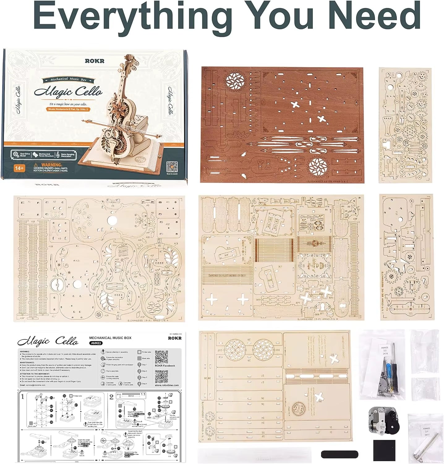 ROKR 199Pcs 3D Wooden Puzzle Magic Cello Music Box | Mechanical Music Box Toy with Nocturne Melodies | Perfect Gift for Music Lovers & Puzzle Enthusiasts