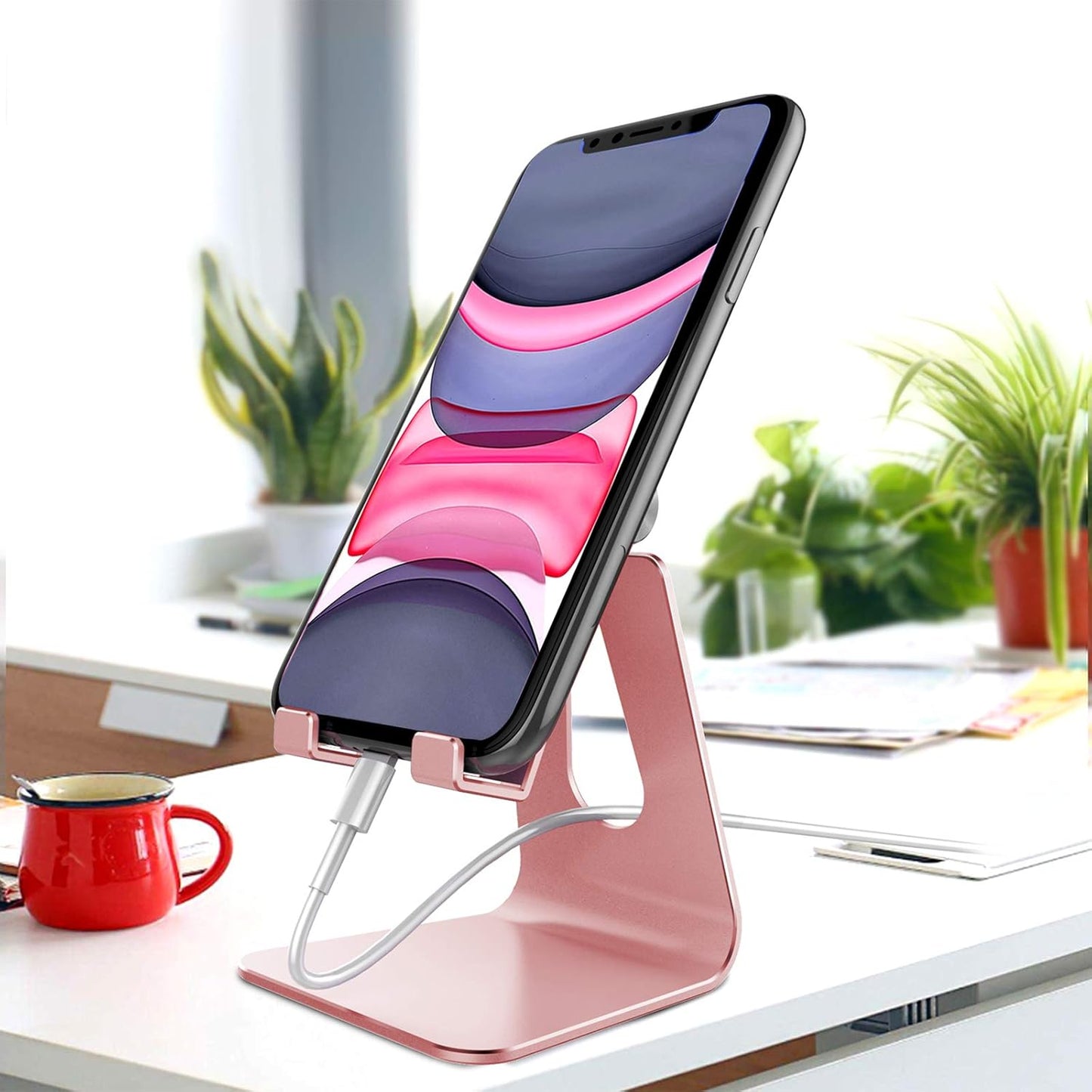 🌸📱Adjustable Aluminum Cell Phone Stand - 270° Multi-Angle Desktop Dock Holder | Compatible with iPhone 16, 15, 14, 13, 12, 11, Plus & More - Rose Gold