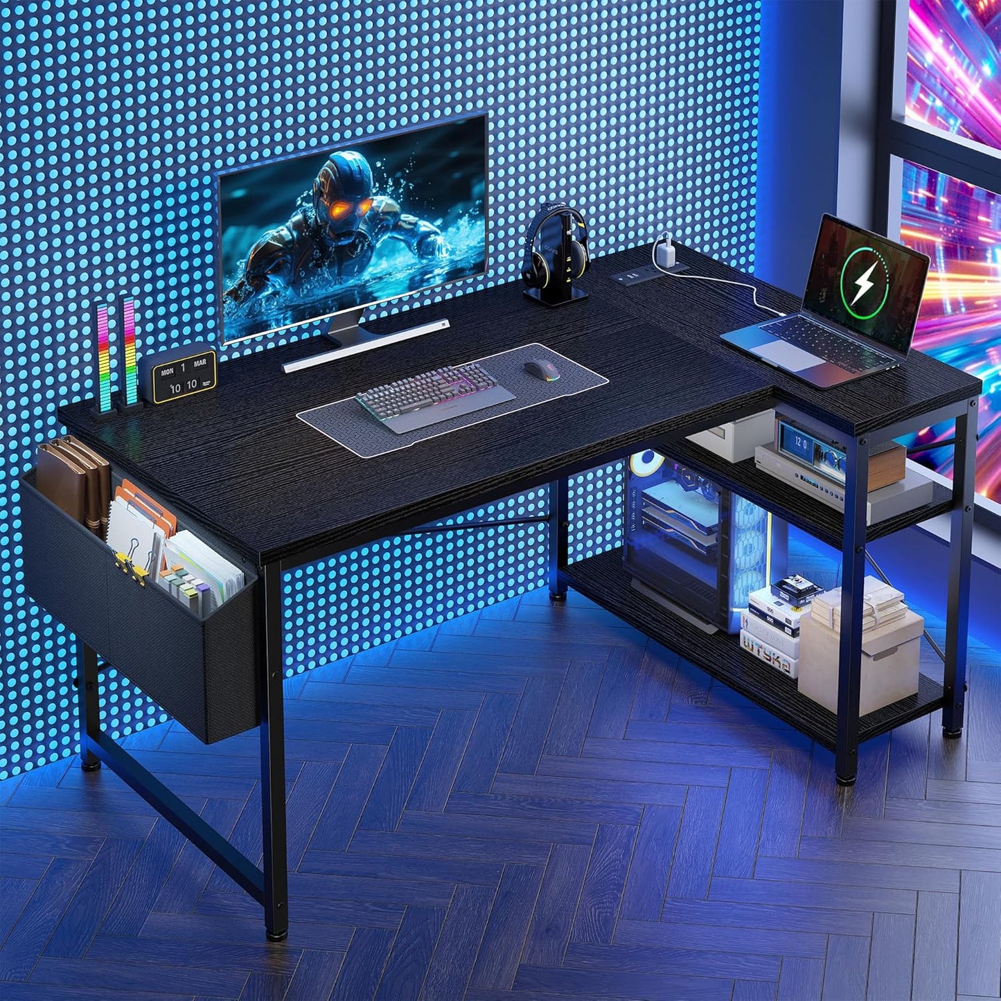 ๐ฅ๏ธ PowerCore 48" L-Shaped Gaming Desk โ Reversible Rustic Computer Desk with USB & AC Outlets, Storage Shelves & Side Bag | Home Office Setup for Gamers & Creators