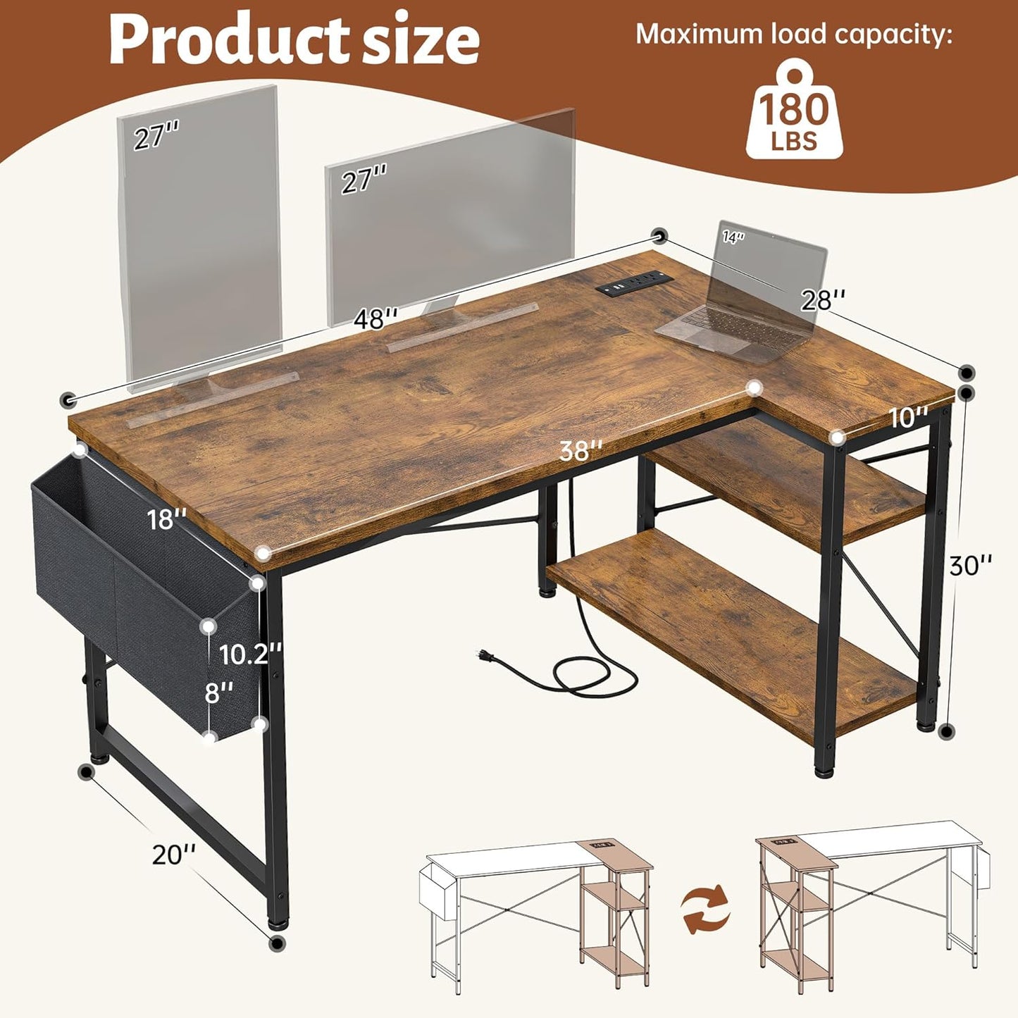 ๐ฅ๏ธ PowerCore 48" L-Shaped Gaming Desk โ Reversible Rustic Computer Desk with USB & AC Outlets, Storage Shelves & Side Bag | Home Office Setup for Gamers & Creators