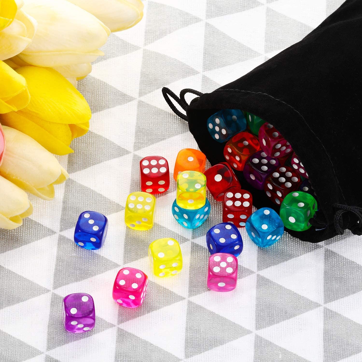 100 PCS 6 Sided Games Dice Set, Colored Dice with Black Velvet Pouches for Playing Games, like Board Games, Dice Games, Math Games, Party Favors and More(Rainbow Color, 14 Mm)