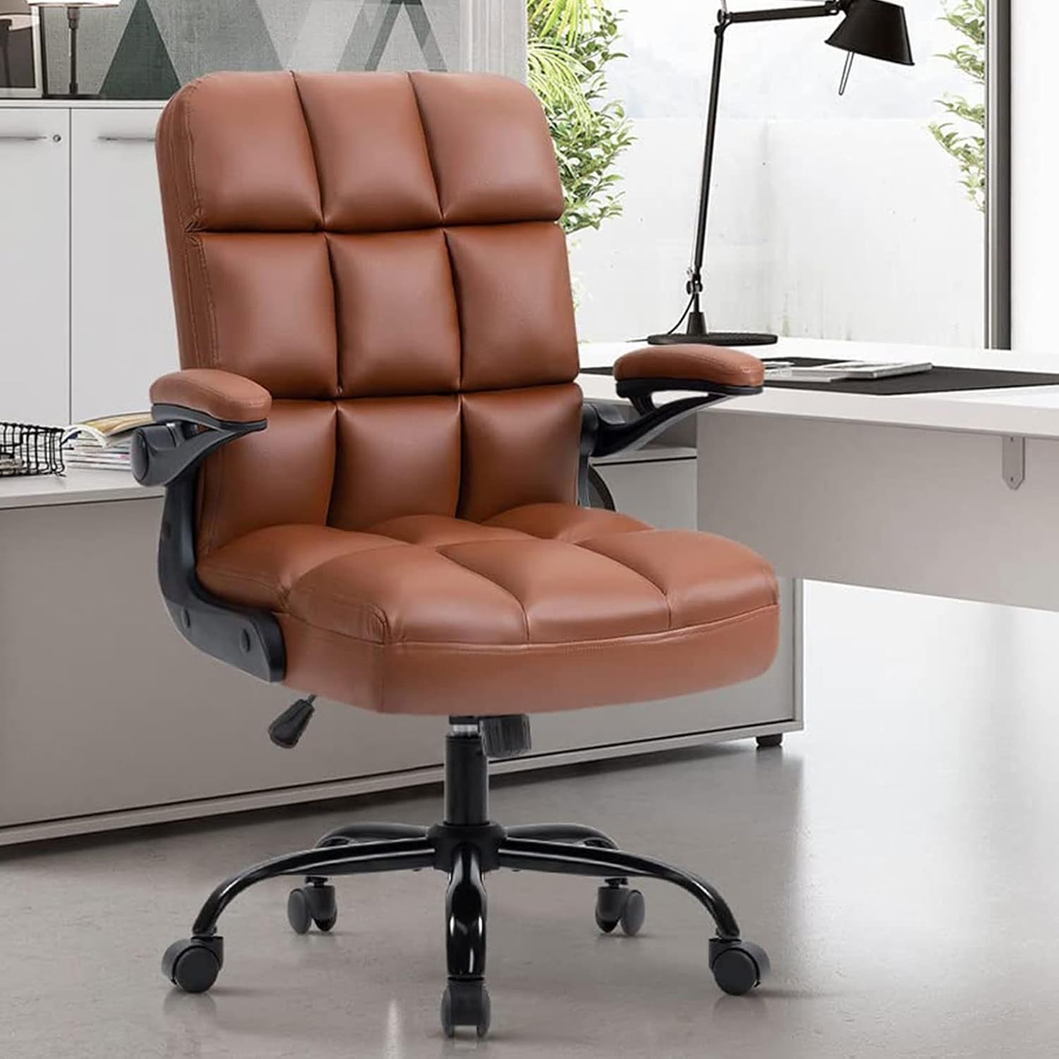 🌸Pink Ergonomic Office Chair with Flip-Up Arms – Faux Fur Velvet Desk Chair, Adjustable Height & Wheels, Cozy Gaming and Work Station Seating