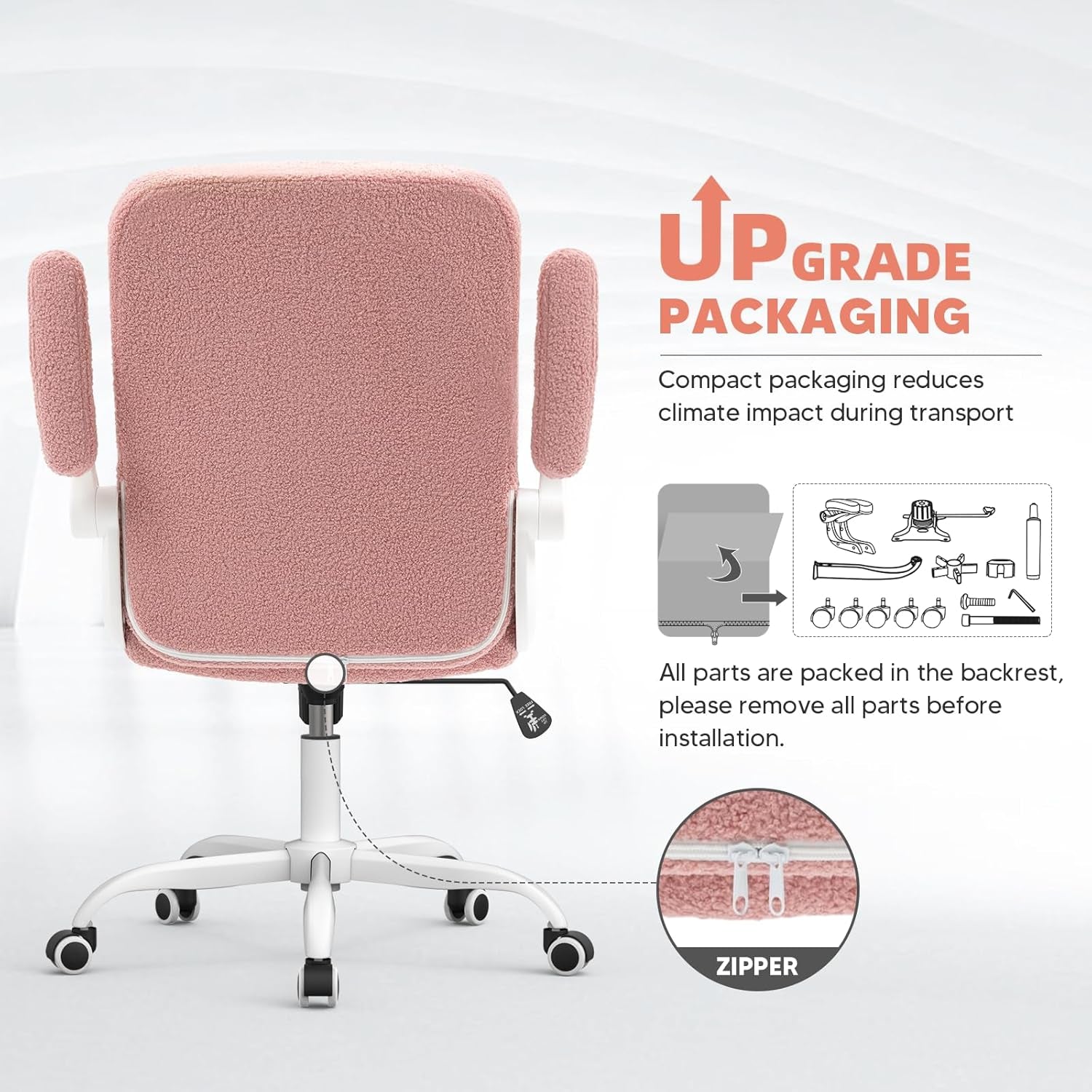 🌸Pink Ergonomic Office Chair with Flip-Up Arms – Faux Fur Velvet Desk Chair, Adjustable Height & Wheels, Cozy Gaming and Work Station Seating