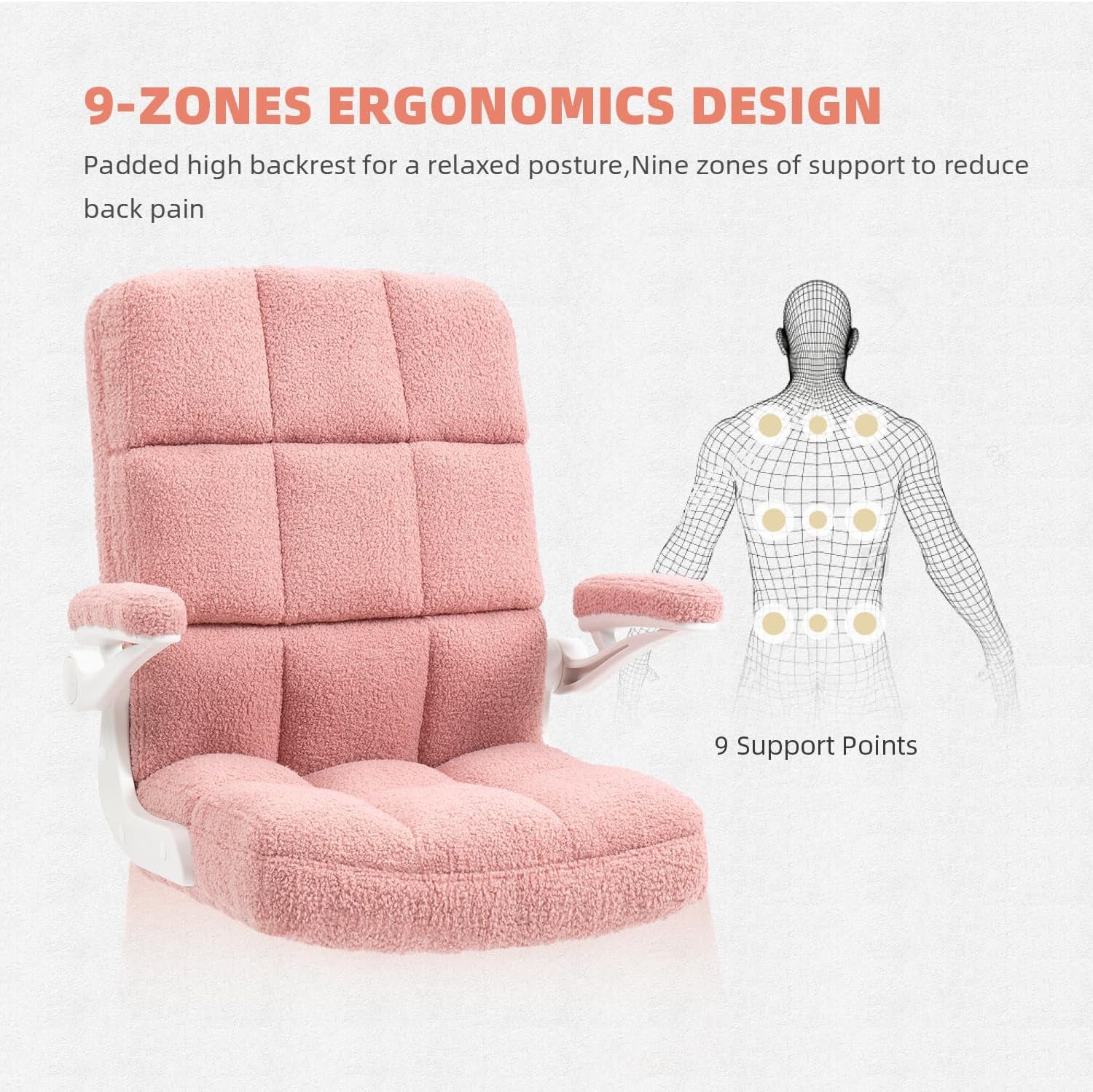 🌸Pink Ergonomic Office Chair with Flip-Up Arms – Faux Fur Velvet Desk Chair, Adjustable Height & Wheels, Cozy Gaming and Work Station Seating
