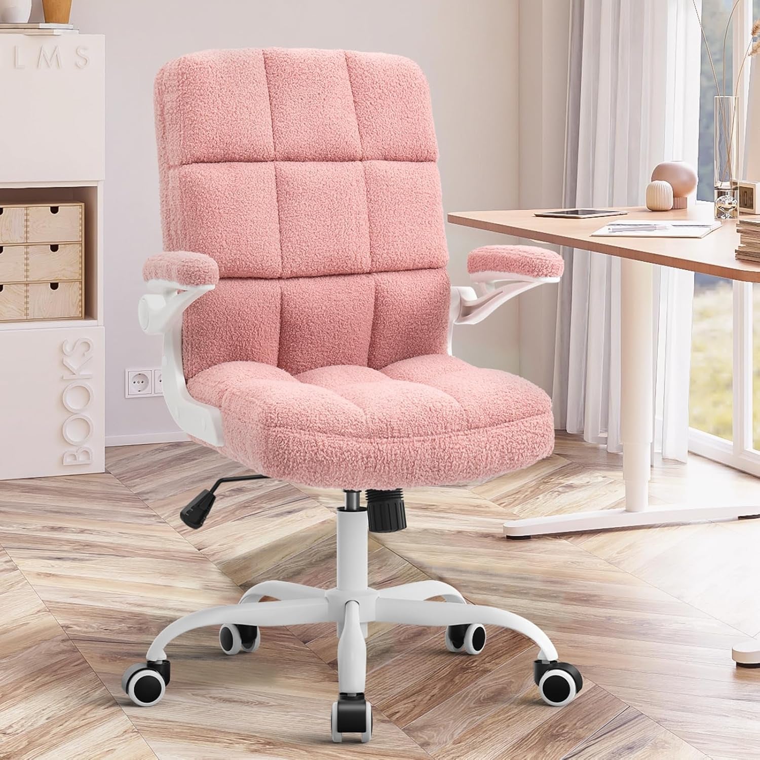🌸Pink Ergonomic Office Chair with Flip-Up Arms – Faux Fur Velvet Desk Chair, Adjustable Height & Wheels, Cozy Gaming and Work Station Seating