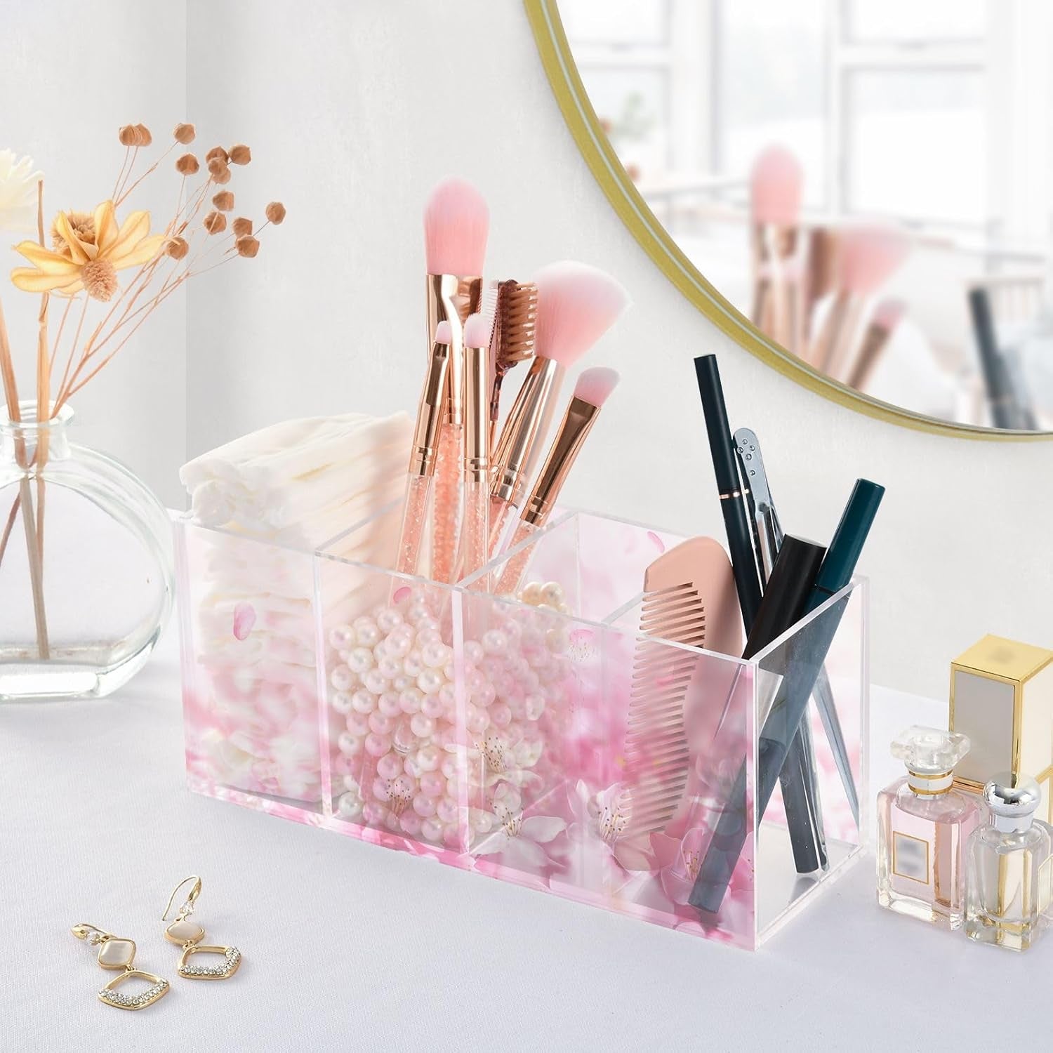 🌸Pink Cherry Blossom Acrylic Makeup Brush & Pen Organizer – 4-Compartment Floral Desk Storage for Offices, Vanities & Game Stations | Geek Findings