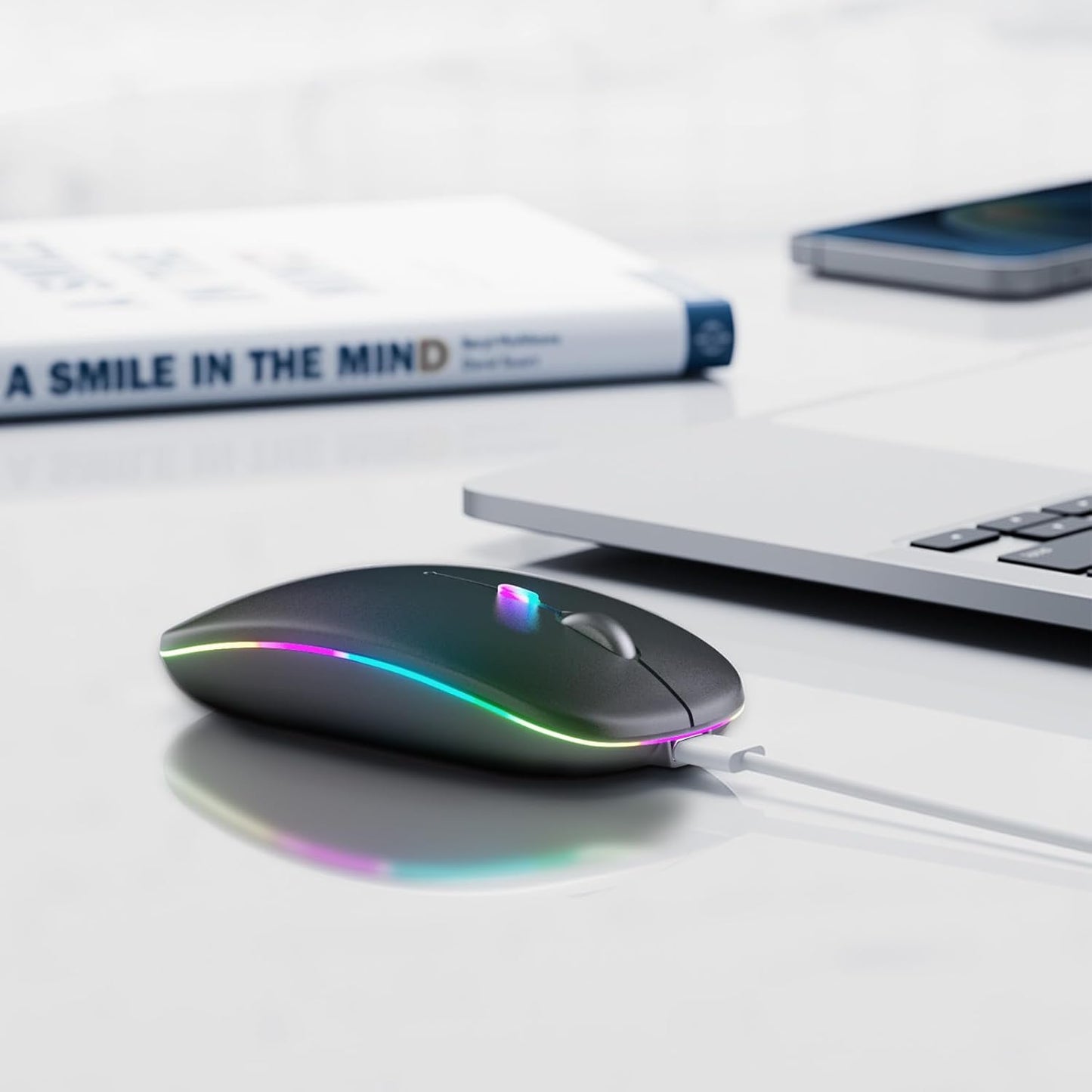 🖱️ Wireless Bluetooth Mouse with LED Lights – Silent, Rechargeable, Dual-Mode (BT 5.2 + 2.4GHz) | Ultra-Slim Tech Essential for Laptops, MacBooks, iPads & More – Black