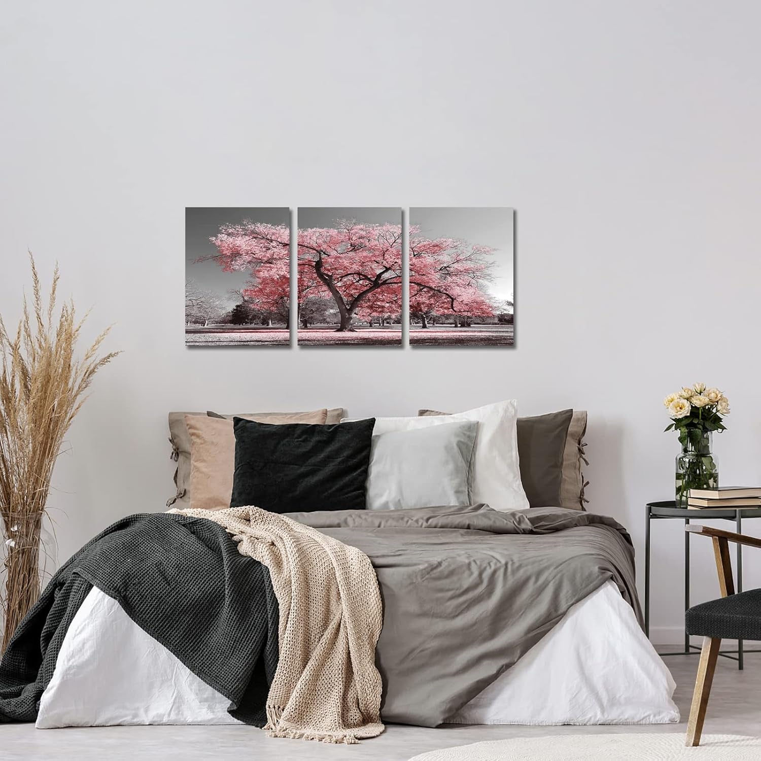 🌸Cherry Blossom Canvas Wall Art Set – Pink & Grey Modern Decor for Game Stations, Offices & Living Spaces | 3-Piece Framed, Ready to Hang | Geek Findings