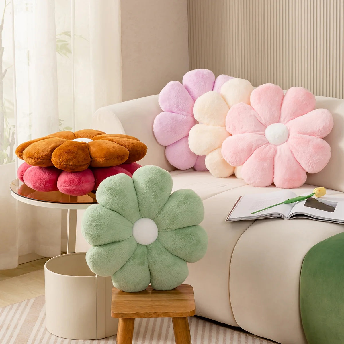 🌸Blossom Bloom: Faux Fur Pink Flower Decorative Pillow – Soft Plush Floor Cushion for Office, Game Room, and Home Decor | Cherry Blossom Collection