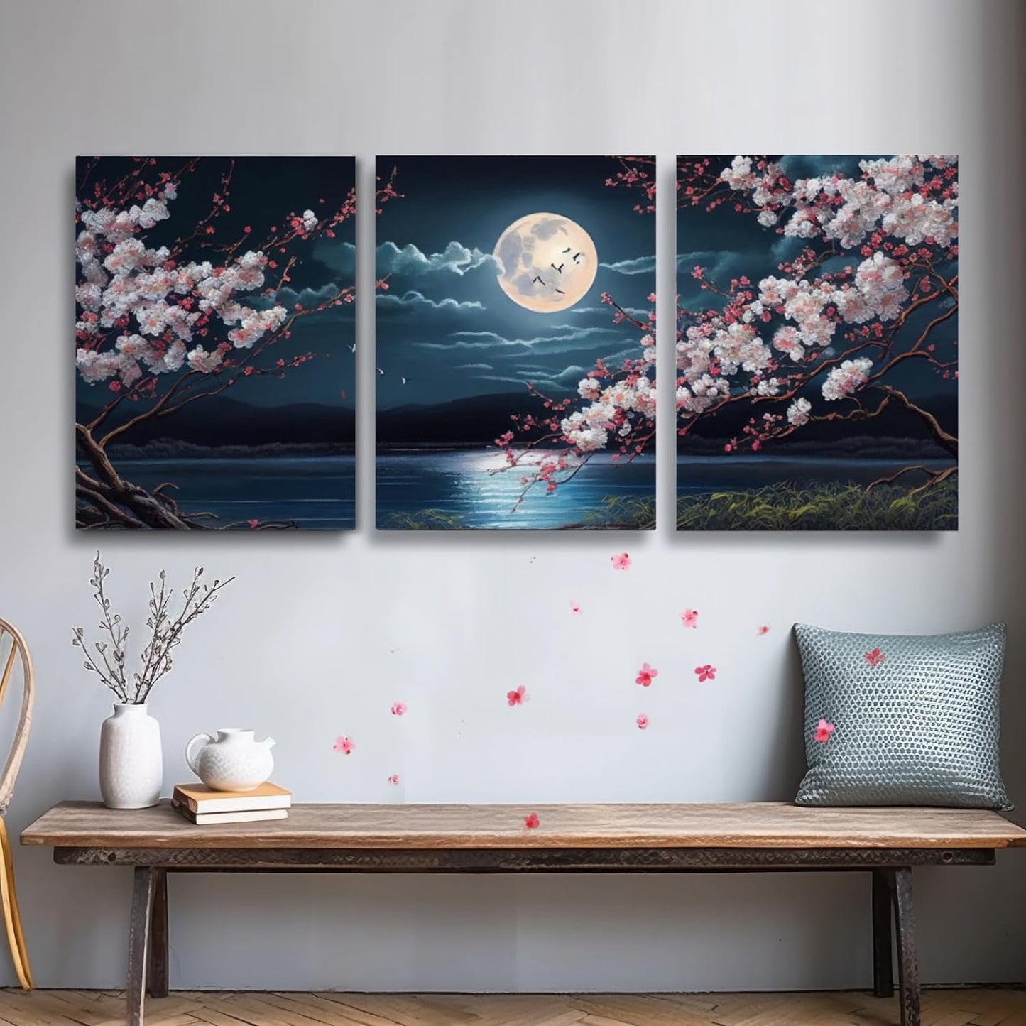 🌸🎑Cherry Blossom Moon Lake Framed Canvas Wall Art – Set of 3 | Japanese-Inspired Floral Landscape Prints for Game Stations, Offices & Home Decor | 16"x12" Each | Geek Findings Cherry Blossom Collection