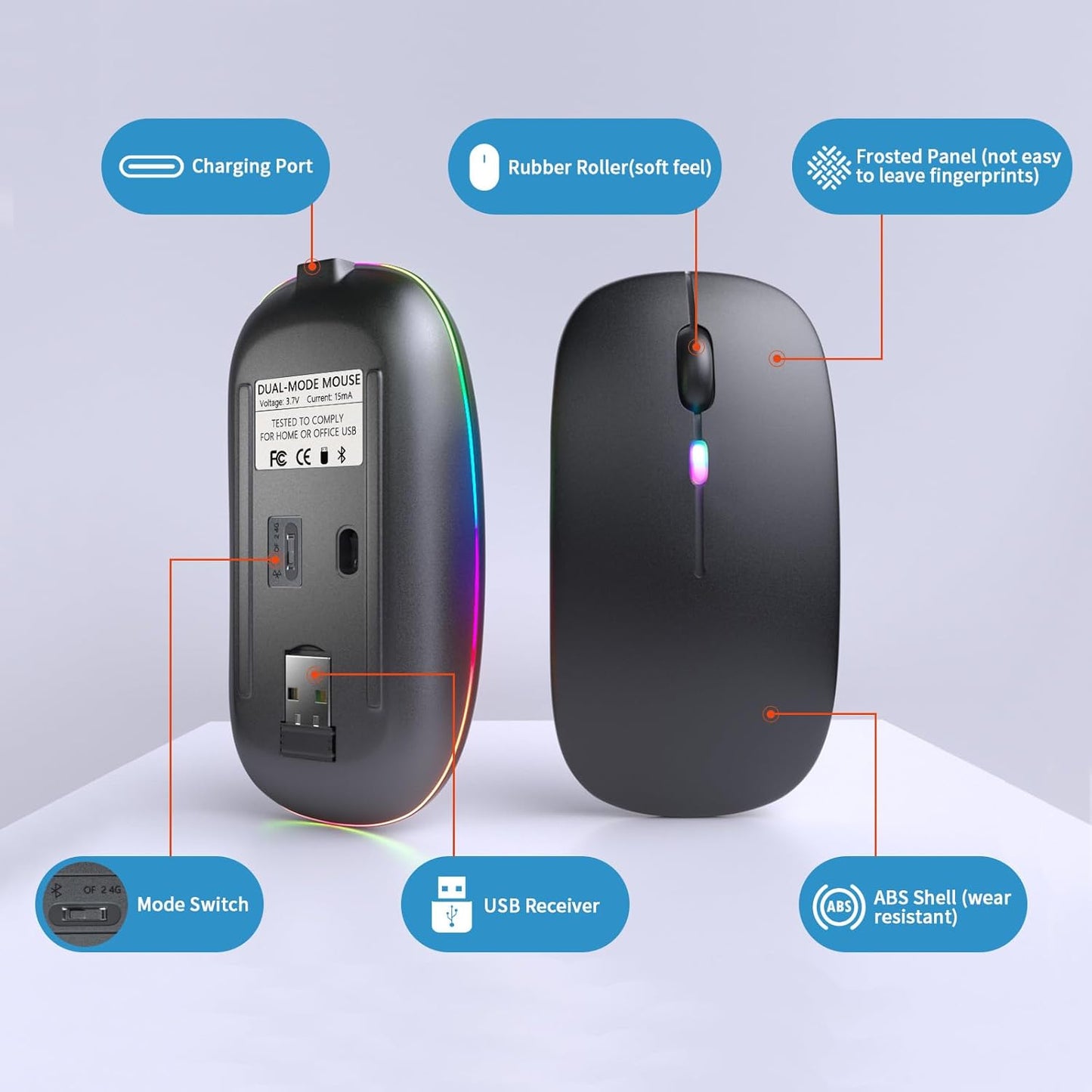 🖱️ Wireless Bluetooth Mouse with LED Lights – Silent, Rechargeable, Dual-Mode (BT 5.2 + 2.4GHz) | Ultra-Slim Tech Essential for Laptops, MacBooks, iPads & More – Black