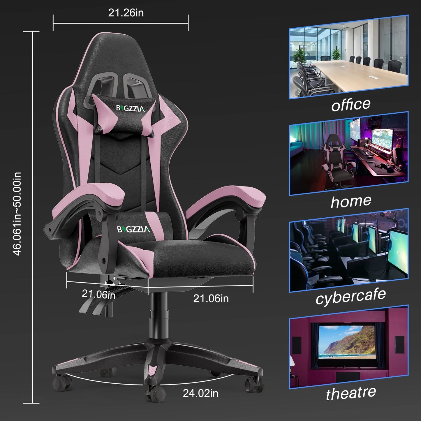 🌸🎮Bigzzia Pink & Black Racing Gaming Chair – Ergonomic Office Chair with Massage Lumbar Pillow, Adjustable Recline & Headrest | Cherry Blossom Collection | Geek Findings