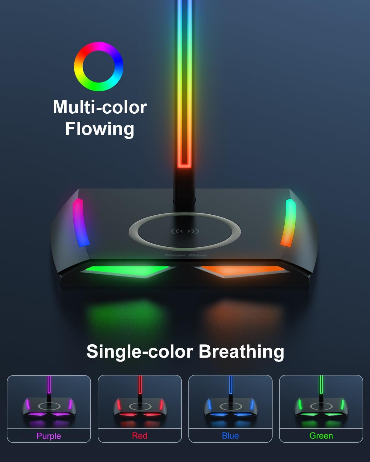🎧RGB Gaming Headphone Stand with Wireless Charging – 2 USB-C + 1 USB Port | 7 Color Modes, Non-Slip Base, Universal Headset Holder for Desk & Battlestations