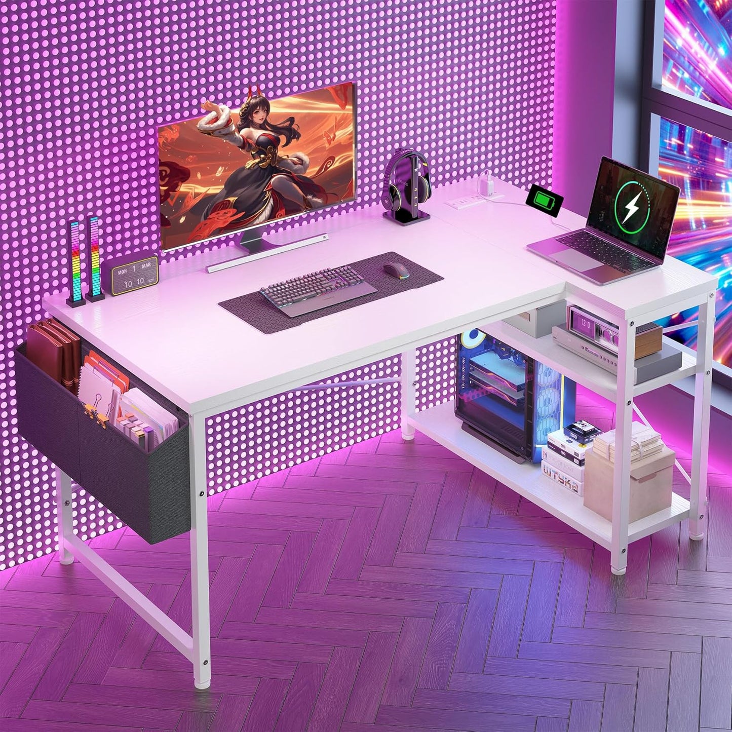 ๐ฅ๏ธ PowerCore 48" L-Shaped Gaming Desk โ Reversible Rustic Computer Desk with USB & AC Outlets, Storage Shelves & Side Bag | Home Office Setup for Gamers & Creators