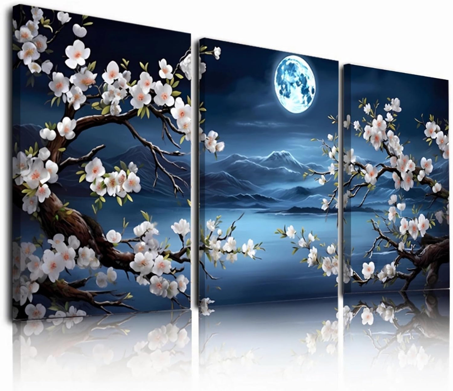 🌸🎑Cherry Blossom Moon Lake Framed Canvas Wall Art – Set of 3 | Japanese-Inspired Floral Landscape Prints for Game Stations, Offices & Home Decor | 16"x12" Each | Geek Findings Cherry Blossom Collection