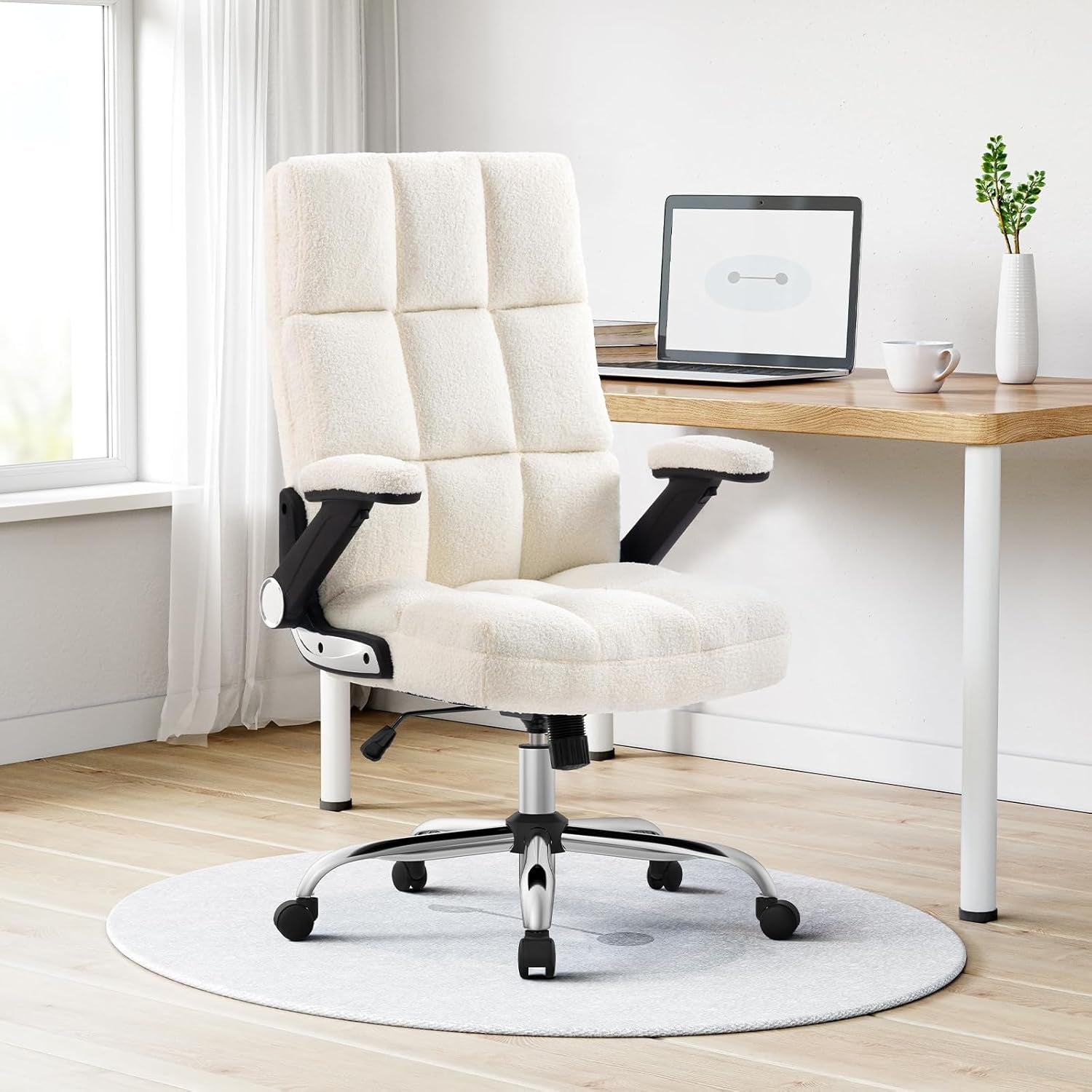 🌸Pink Ergonomic Office Chair with Flip-Up Arms – Faux Fur Velvet Desk Chair, Adjustable Height & Wheels, Cozy Gaming and Work Station Seating
