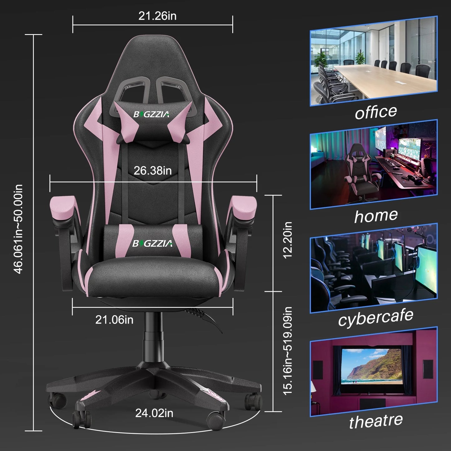 🌸🎮Bigzzia Pink & Black Racing Gaming Chair – Ergonomic Office Chair with Massage Lumbar Pillow, Adjustable Recline & Headrest | Cherry Blossom Collection | Geek Findings