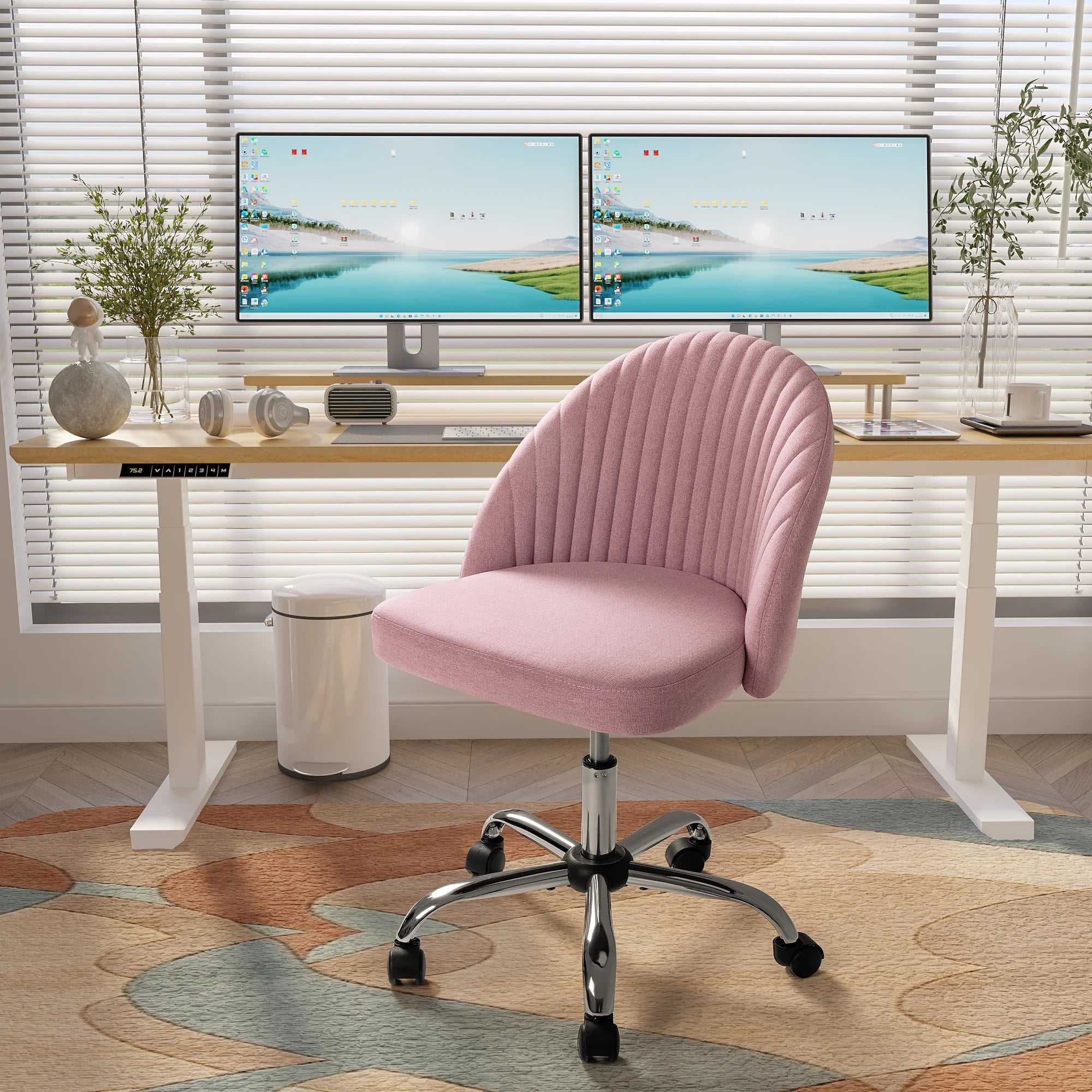 🌸Blossom Breeze: Adjustable Pink Home Office Chair – Mid-Back Rolling Task Chair for Bedroom, Living Room, Study | Cherry Blossom Collection