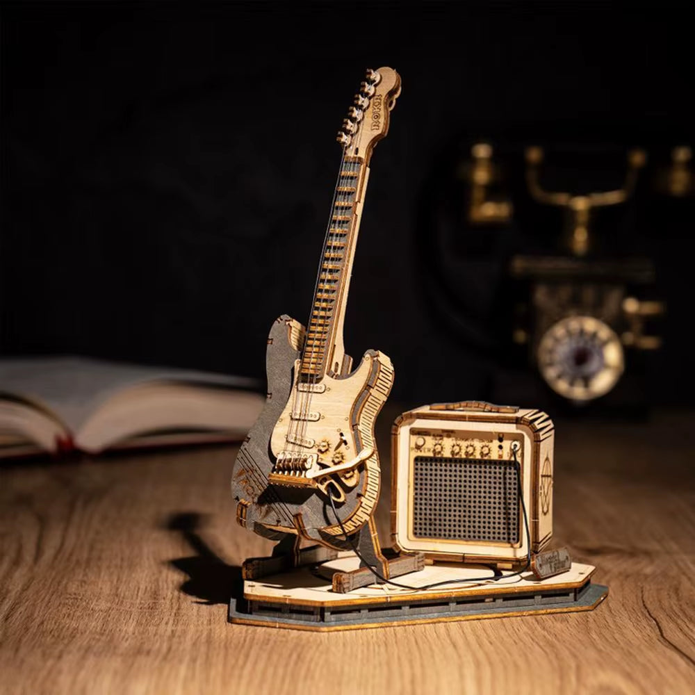 ๐ธ 3D Wooden Electric Guitar Puzzle Kit โ ROKR DIY Mini Model for Adults & Teens | Creative Desk Decor, Gift for Musicians, Geeks & Hobbyists (TG605K)