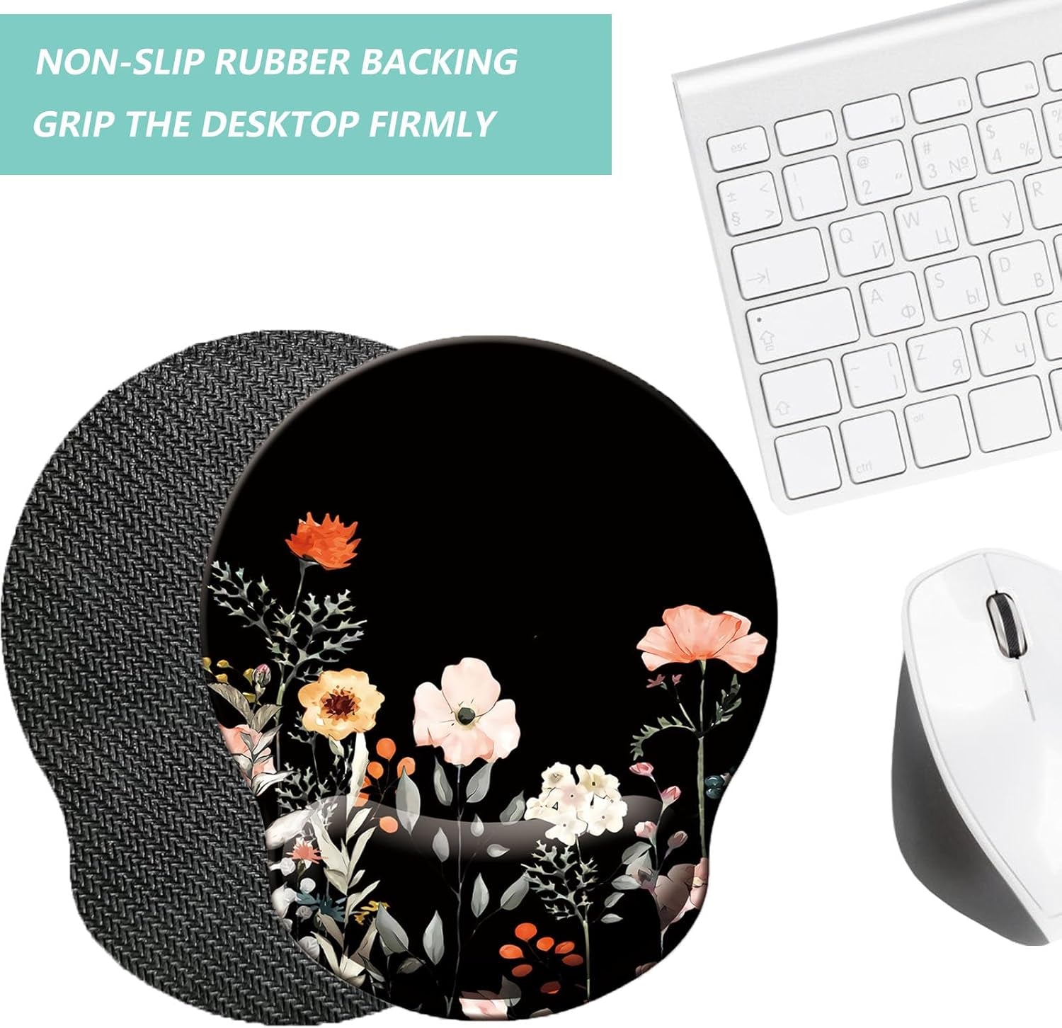 Mouse Pad with Wrist Support, Ergonomic Mouse Pad with Memory Foam Wrist Rest Cushion, Non-Slip Rubber Base Gaming Mice Pad for Home Office Computer Laptop, Flower Black