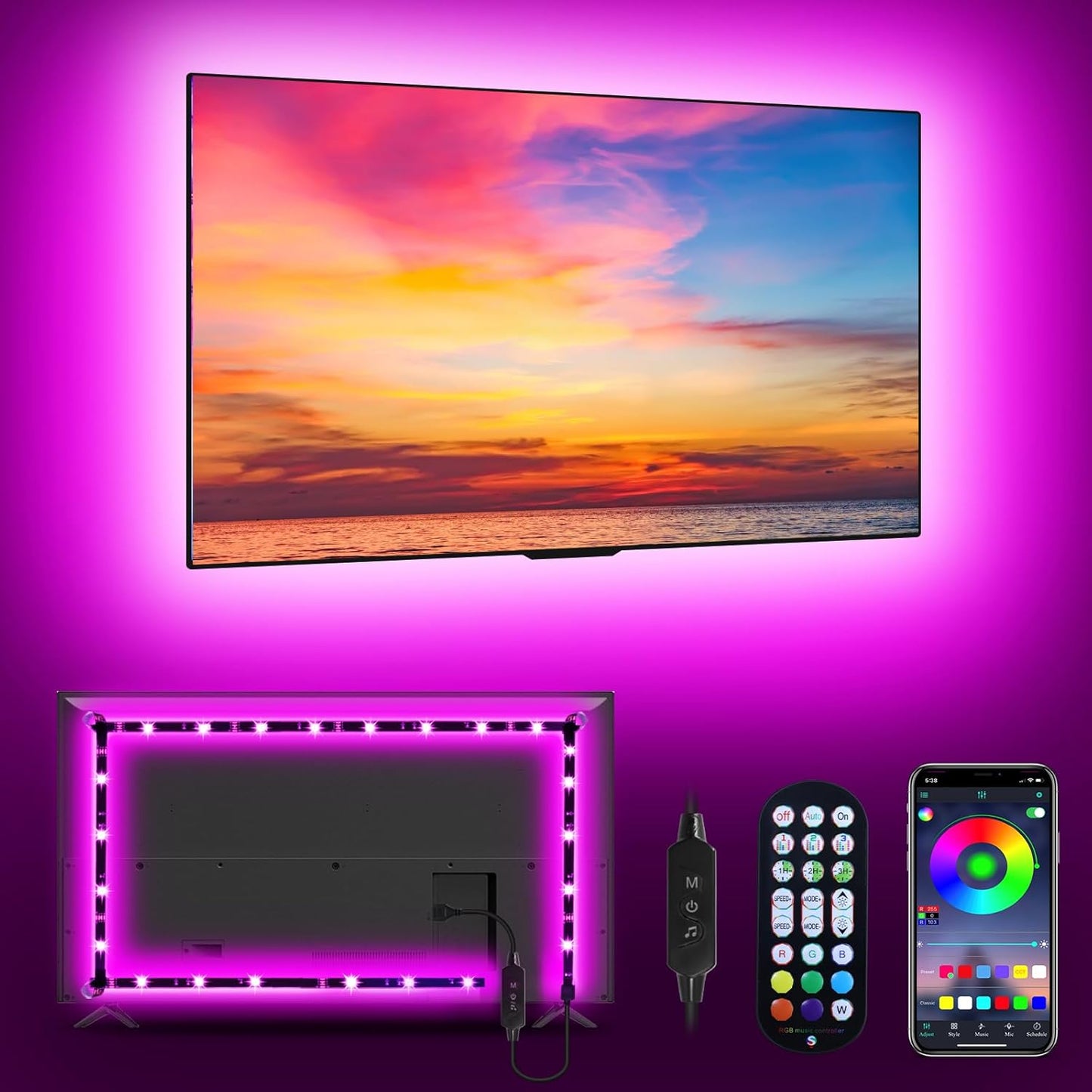 RGB LED TV Backlight Strip โ USB Powered, Music Sync & App Control | 9.84ft for 32"-43" Screens | Mood Lighting for Gaming, Workspaces & Entertainment Rooms