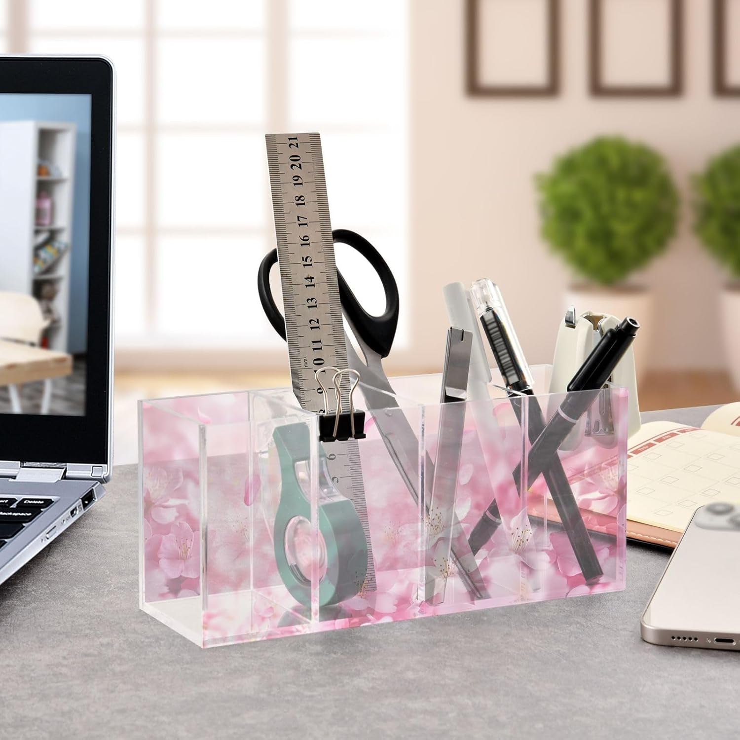 🌸Pink Cherry Blossom Acrylic Makeup Brush & Pen Organizer – 4-Compartment Floral Desk Storage for Offices, Vanities & Game Stations | Geek Findings