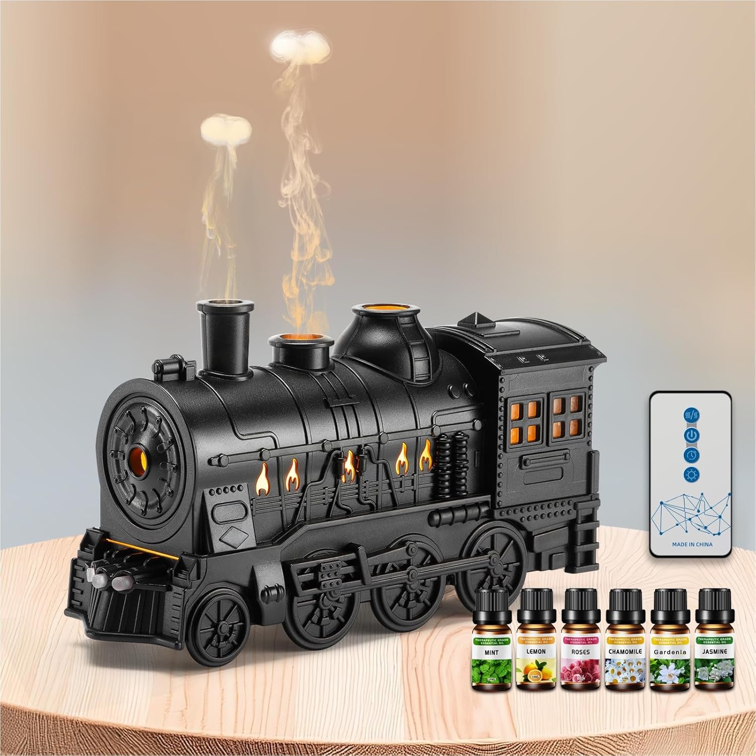 Train Diffuser 300Ml, Aromatherapy Diffuser Cool Mist Ultrasonic Aroma Train Diffuser with Remote Control 2 Light 2 Mist Mode Auto Shut-Off for Bedroom Office Hotel(Black)