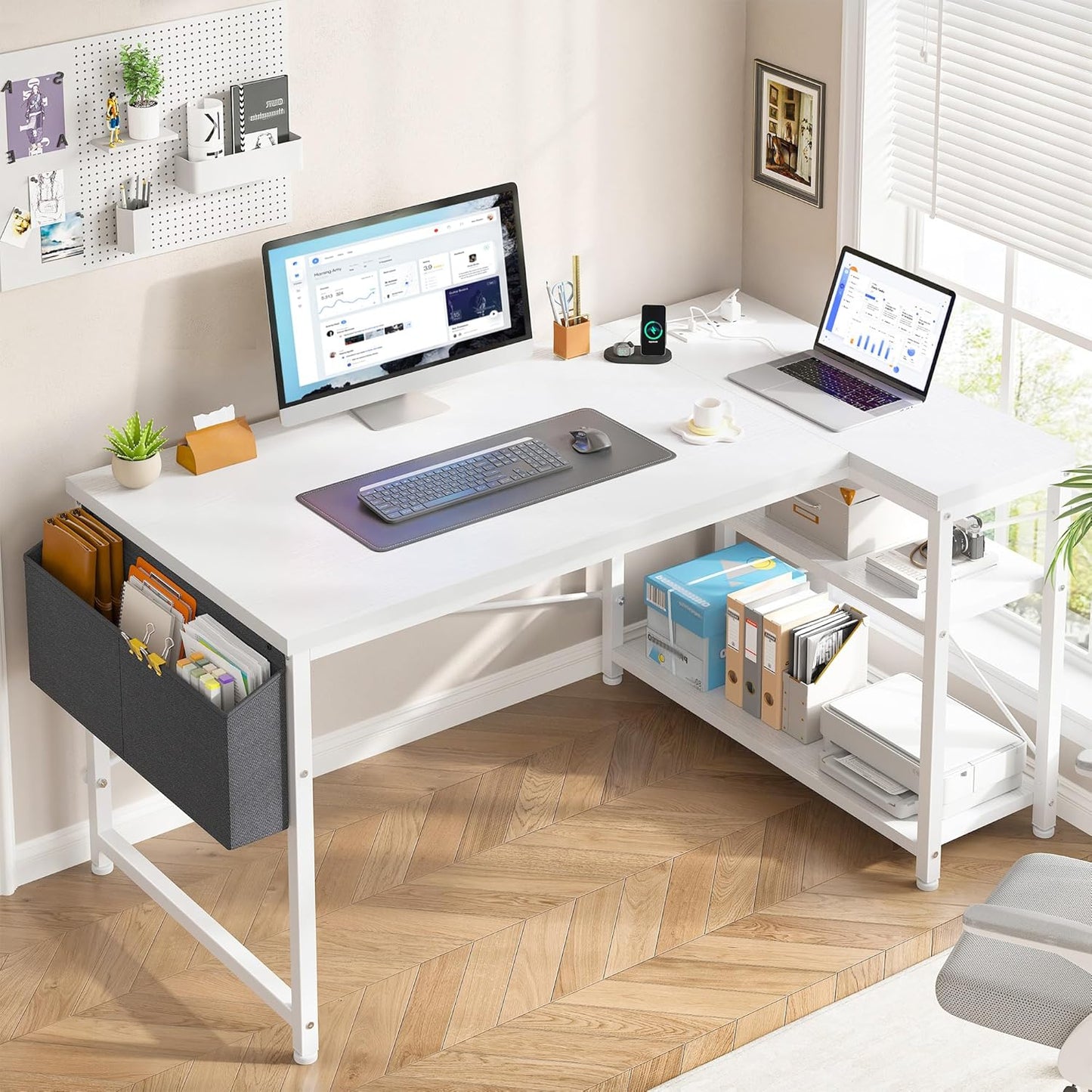 ๐ฅ๏ธ PowerCore 48" L-Shaped Gaming Desk โ Reversible Rustic Computer Desk with USB & AC Outlets, Storage Shelves & Side Bag | Home Office Setup for Gamers & Creators