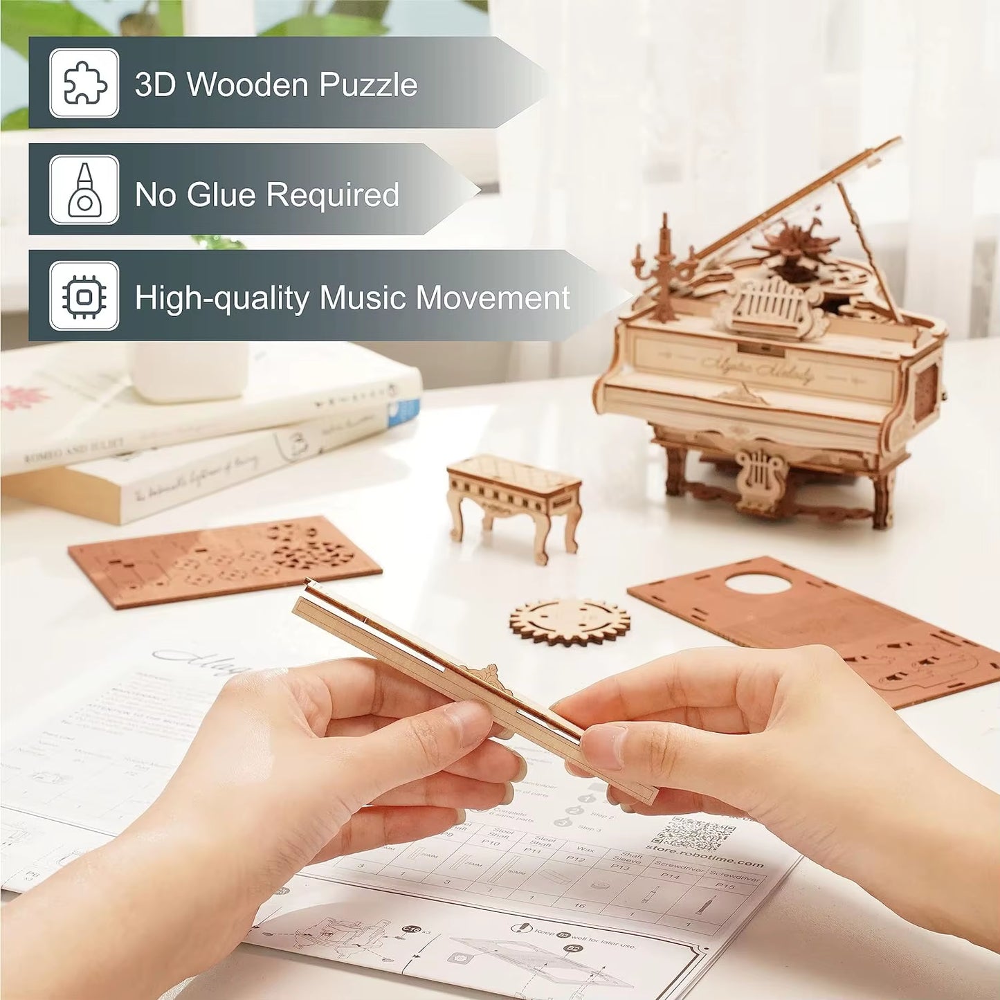 ROKR Magic Piano 3D Wooden Puzzle โ Mechanical DIY Music Box Model Kit with Moving Keys โ Aesthetic Desk Decor & Unique Gift for Adults
