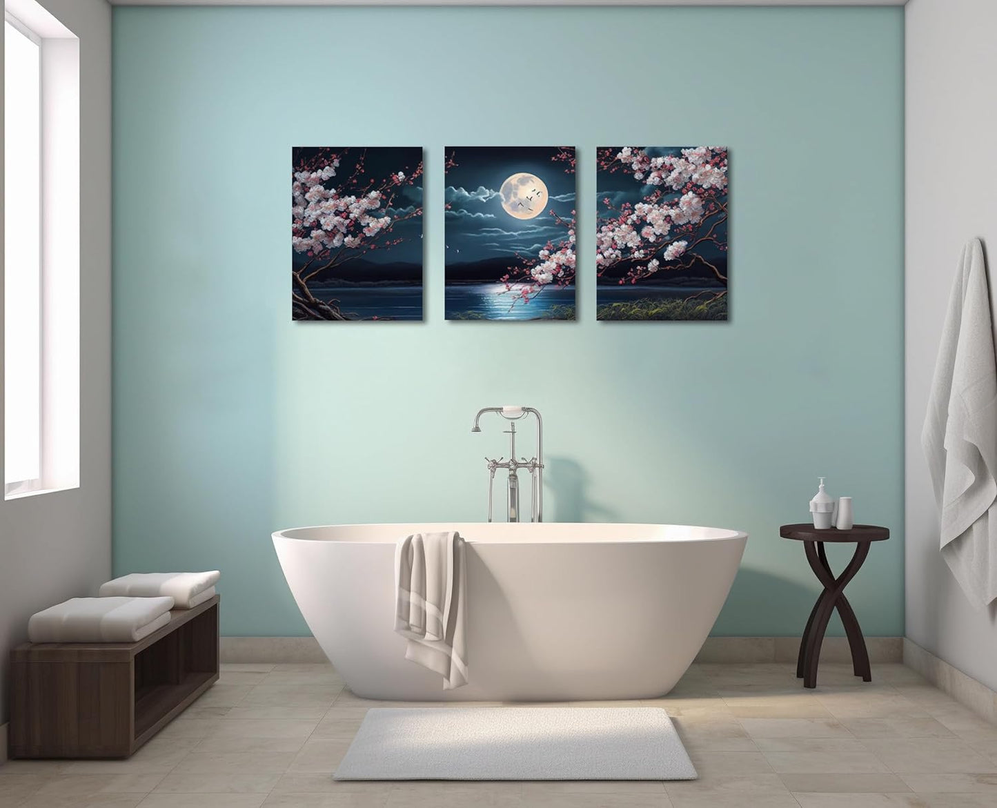 🌸🎑Cherry Blossom Moon Lake Framed Canvas Wall Art – Set of 3 | Japanese-Inspired Floral Landscape Prints for Game Stations, Offices & Home Decor | 16"x12" Each | Geek Findings Cherry Blossom Collection