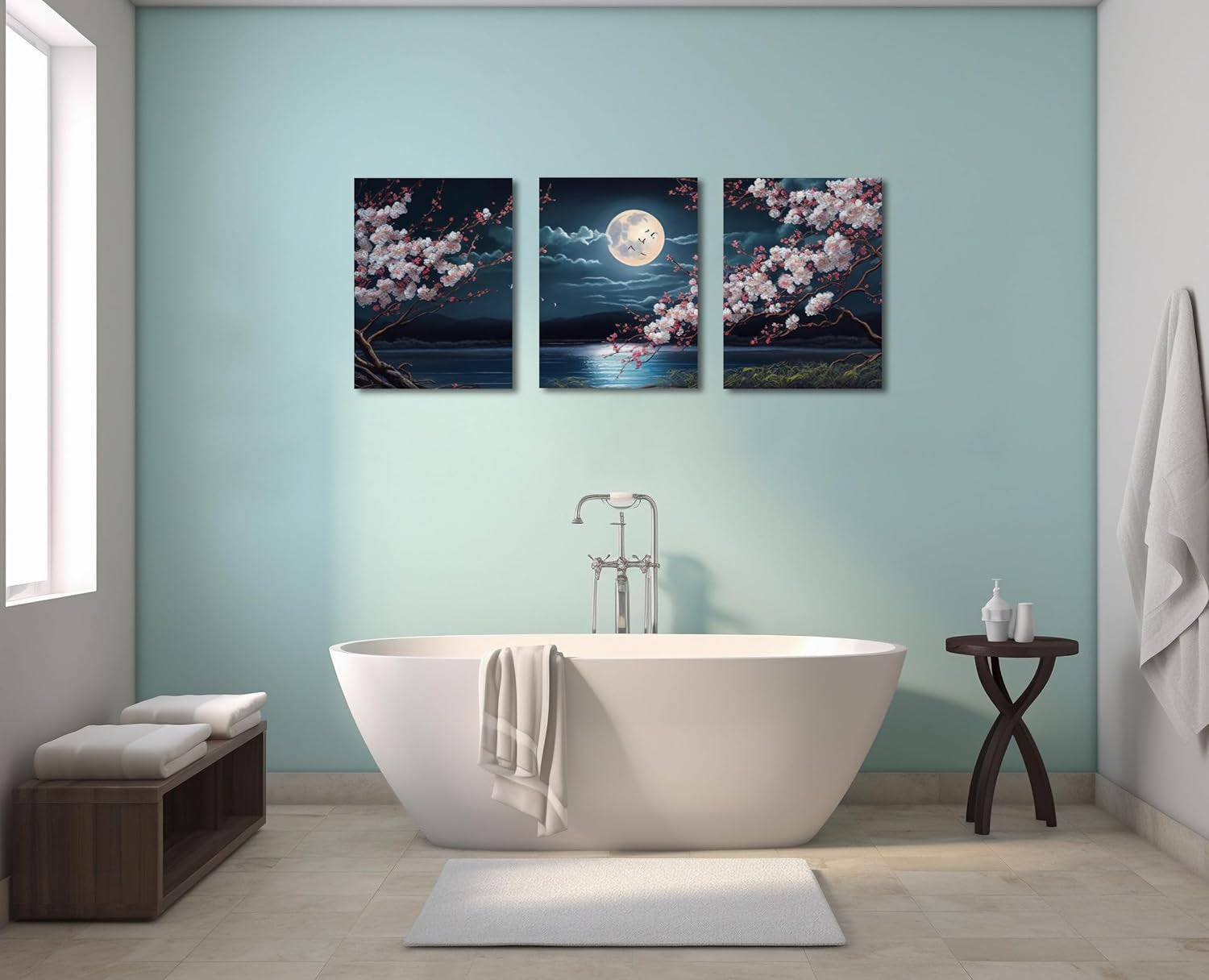 🌸🎑Cherry Blossom Moon Lake Framed Canvas Wall Art – Set of 3 | Japanese-Inspired Floral Landscape Prints for Game Stations, Offices & Home Decor | 16"x12" Each | Geek Findings Cherry Blossom Collection