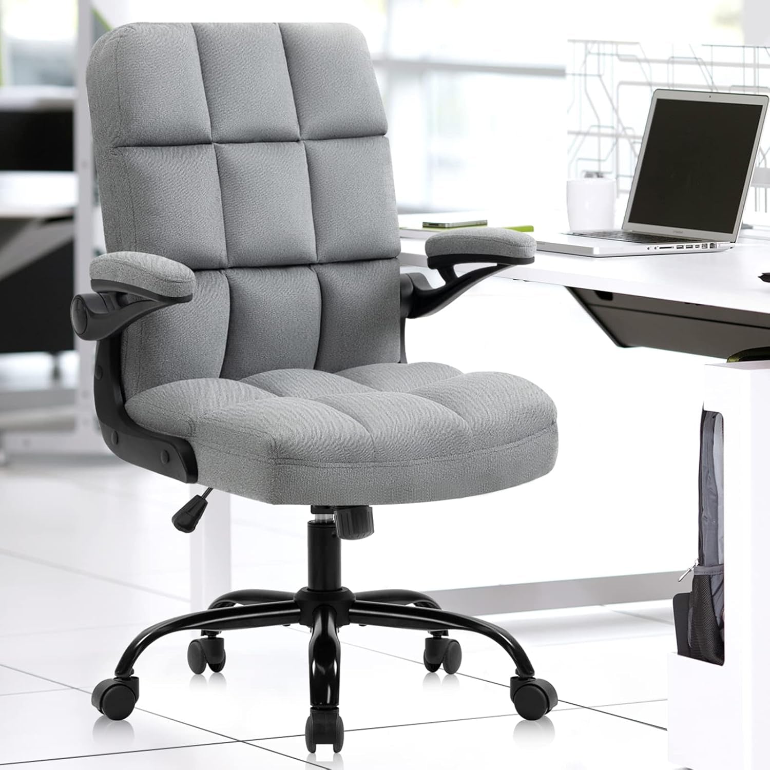 🌸Pink Ergonomic Office Chair with Flip-Up Arms – Faux Fur Velvet Desk Chair, Adjustable Height & Wheels, Cozy Gaming and Work Station Seating