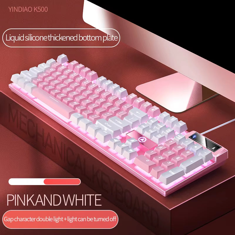 🌸⌨️K500 Wired Gaming Keyboard – 104-Key Full Size | Pink & White Keycaps | USB Plug-and-Play | Waterproof Backlit Keyboard for Laptop, PC | Cherry Blossom Collection | Geek Findings