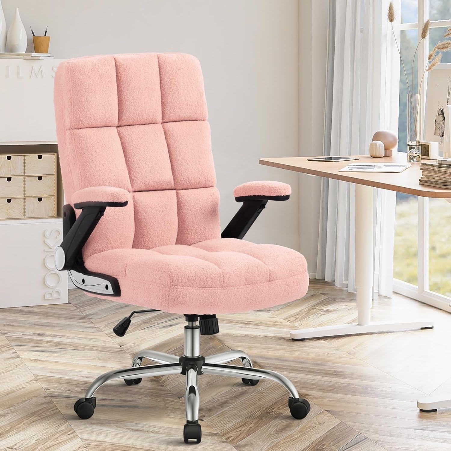 🌸Pink Ergonomic Office Chair with Flip-Up Arms – Faux Fur Velvet Desk Chair, Adjustable Height & Wheels, Cozy Gaming and Work Station Seating