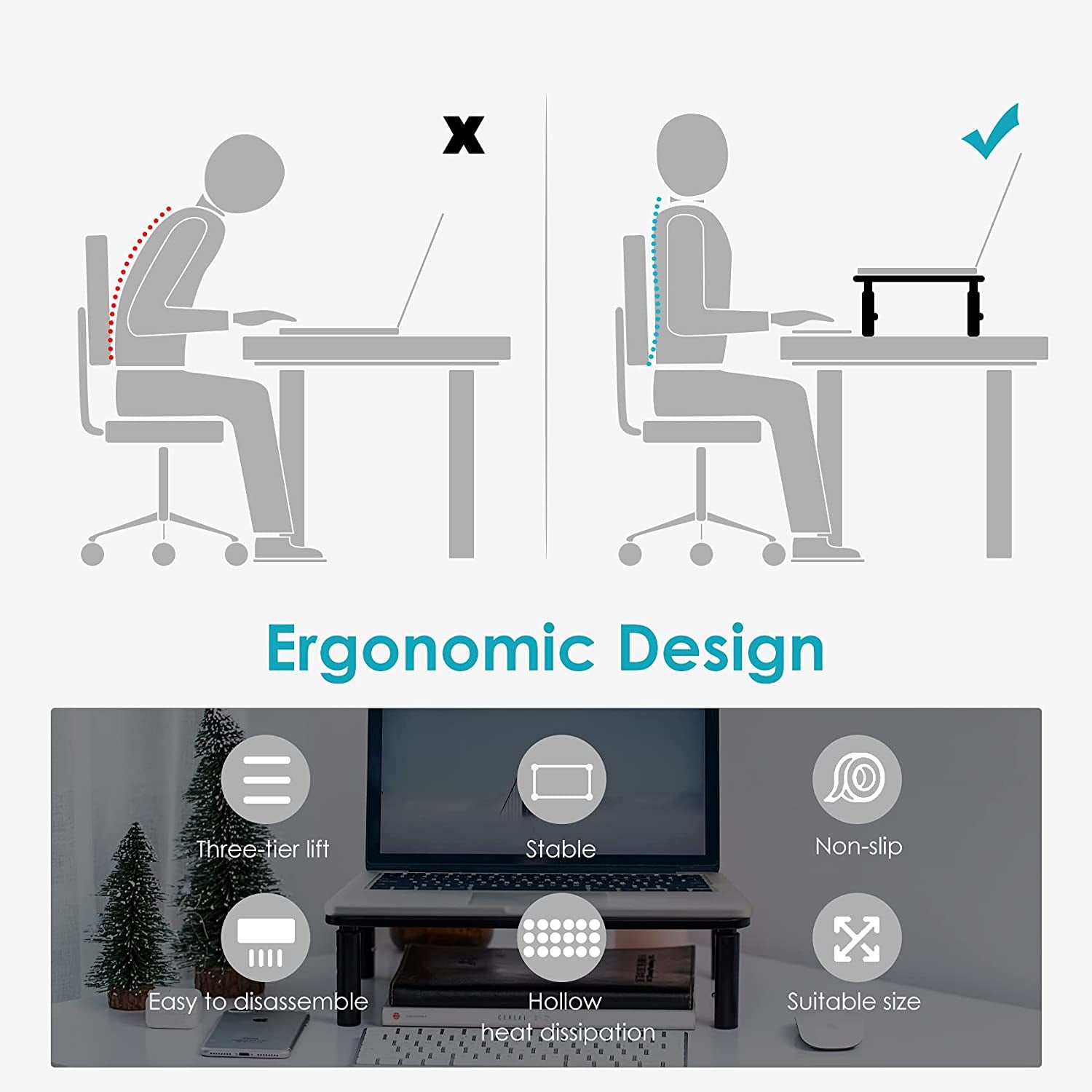 🖥️ Adjustable Metal Monitor Riser Stand – Ergonomic Mesh Platform with 3 Height Settings | Sturdy Computer Stand for Flat Screen Monitors, Laptops, Printers & iMac