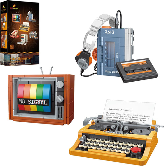 Retro Tech Building Set – Typewriter, Walkman & TV Mini Models (660 Pieces) | Vintage Brick Decor Kit for Adults & Teens, Creative Gift for Collectors, Gamers & Geeks