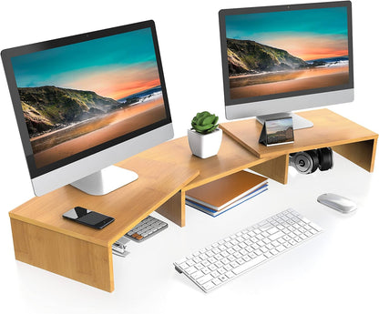 Dual Monitor Stand – Adjustable Bamboo Desk Riser with 3 Rotating Shelves | Ergonomic Wooden Monitor Shelf for Home Office or Gaming Setup