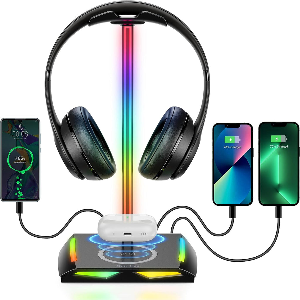 🎧RGB Gaming Headphone Stand with Wireless Charging – 2 USB-C + 1 USB Port | 7 Color Modes, Non-Slip Base, Universal Headset Holder for Desk & Battlestations