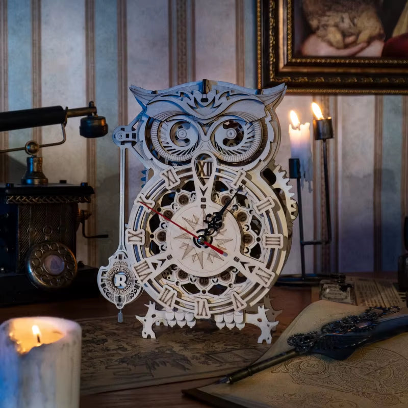 ROKR Owl Clock 3D Wooden Puzzle Kit – Functional DIY Clock with Bell Timer | 161-Piece Model for Adults & Teens | Geek Findings 
