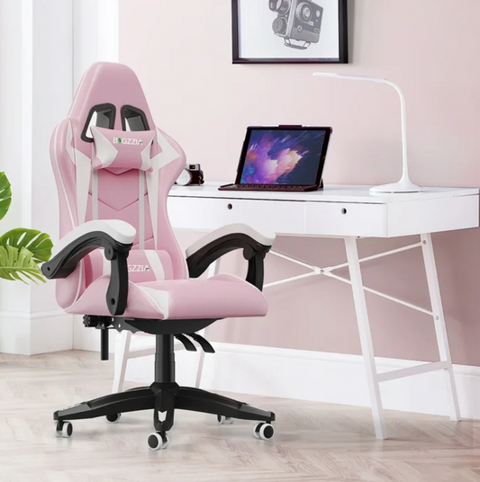 🌸🎮Bigzzia Pink & Black Racing Gaming Chair – Ergonomic Office Chair with Massage Lumbar Pillow, Adjustable Recline & Headrest | Cherry Blossom Collection | Geek Findings