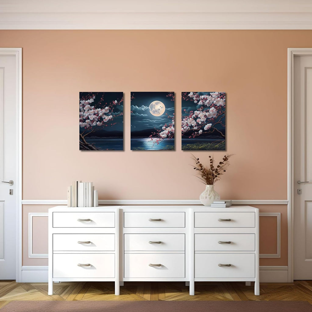 🌸🎑Cherry Blossom Moon Lake Framed Canvas Wall Art – Set of 3 | Japanese-Inspired Floral Landscape Prints for Game Stations, Offices & Home Decor | 16"x12" Each | Geek Findings Cherry Blossom Collection