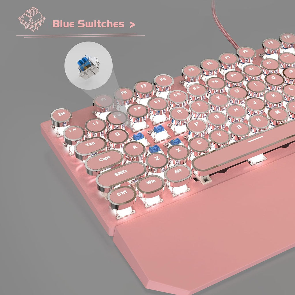 🌸⌨️ Retro Pink Typewriter Mechanical Gaming Keyboard – 104-Key Blue Switch Wired Keyboard with LED White Backlight & Wrist Rest | Perfect for Office & Game Stations | Geek Findings Cherry Blossom Collection