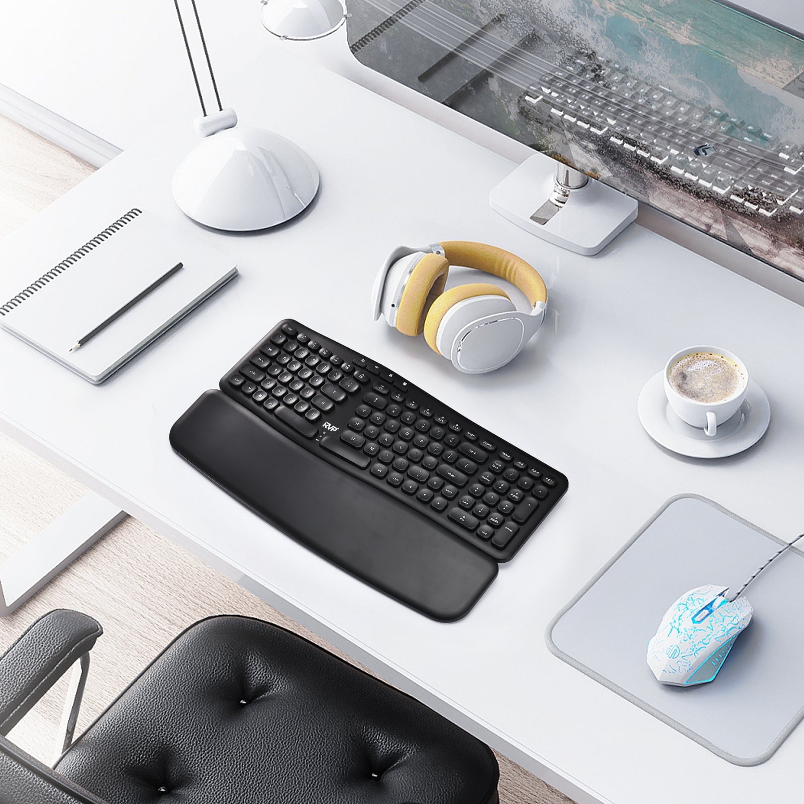 Wireless Ergonomic Keyboard with Magnetic Wrist Rest, Black