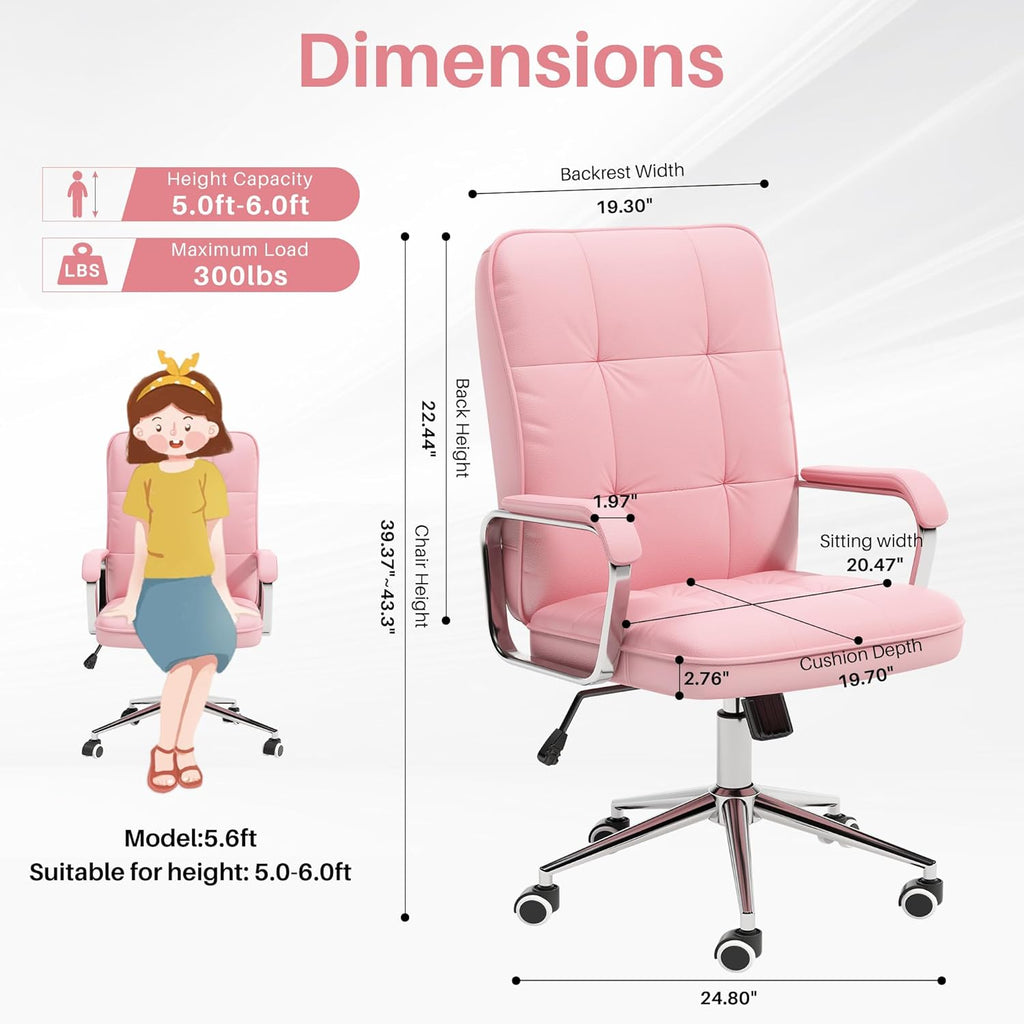 🌸Blossom Luxe: Pink PU Leather Office Chair – Adjustable Swivel Desk Chair with Wheels and Padded Arms | Cherry Blossom Collection