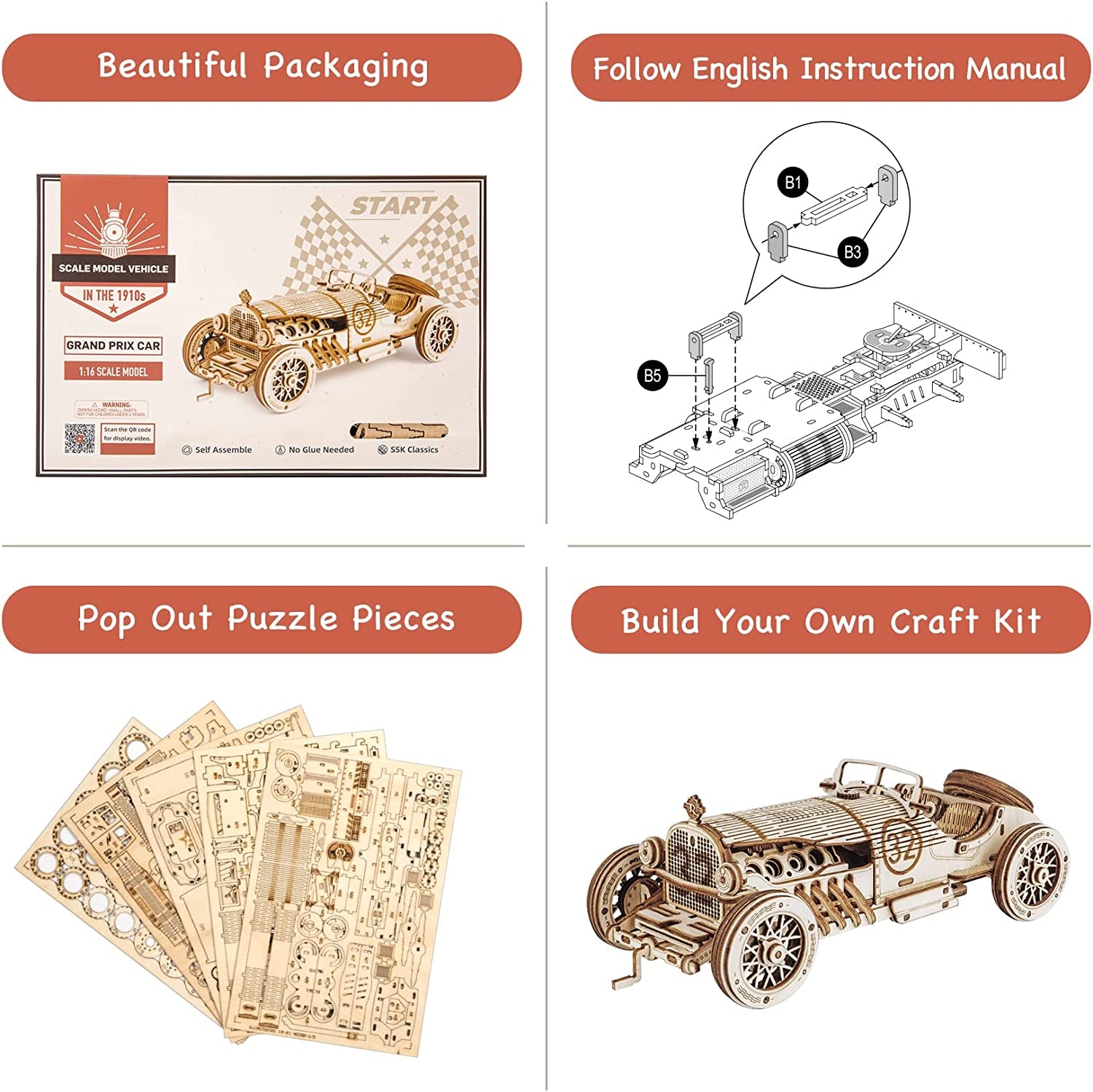 🏎️ ROKR 3D Wooden Grand Prix Car Puzzle | DIY Model Building Kit for Adults & Teens | Educational Brain Teaser, Desk Decor & Gift Idea | Mechanical Model Car Assembly