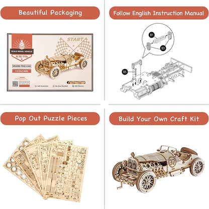 🏎️ ROKR 3D Wooden Grand Prix Car Puzzle | DIY Model Building Kit for Adults & Teens | Educational Brain Teaser, Desk Decor & Gift Idea | Mechanical Model Car Assembly
