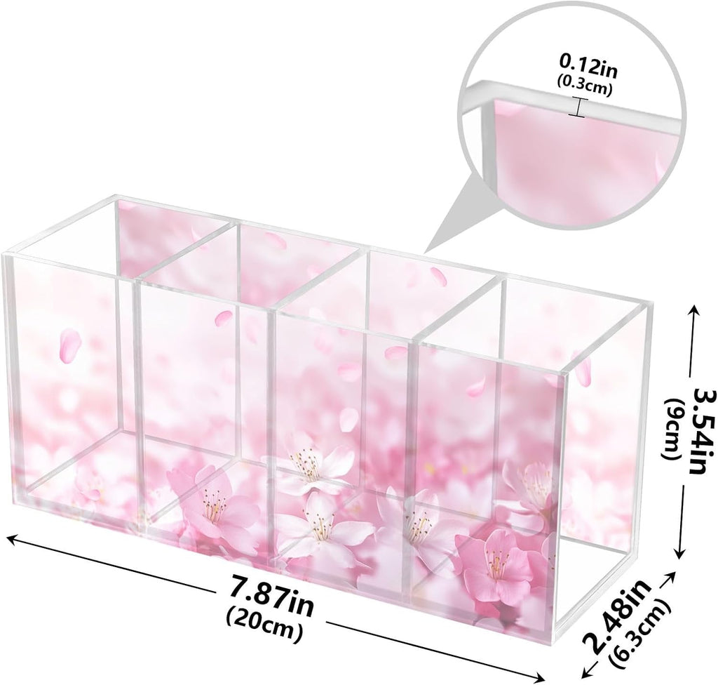 🌸Pink Cherry Blossom Acrylic Makeup Brush & Pen Organizer – 4-Compartment Floral Desk Storage for Offices, Vanities & Game Stations | Geek Findings