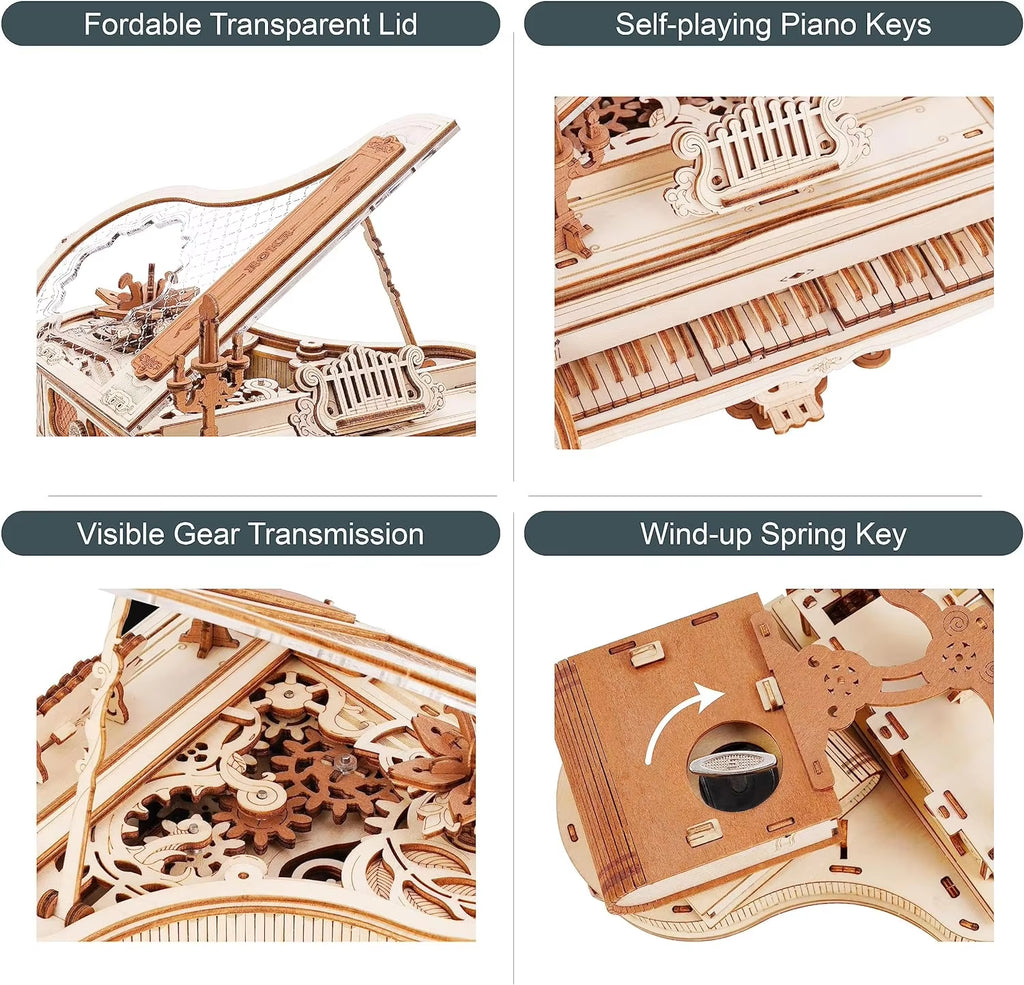 ROKR Magic Piano 3D Wooden Puzzle – Mechanical DIY Music Box Model Kit with Moving Keys – Aesthetic Desk Decor & Unique Gift for Adults 