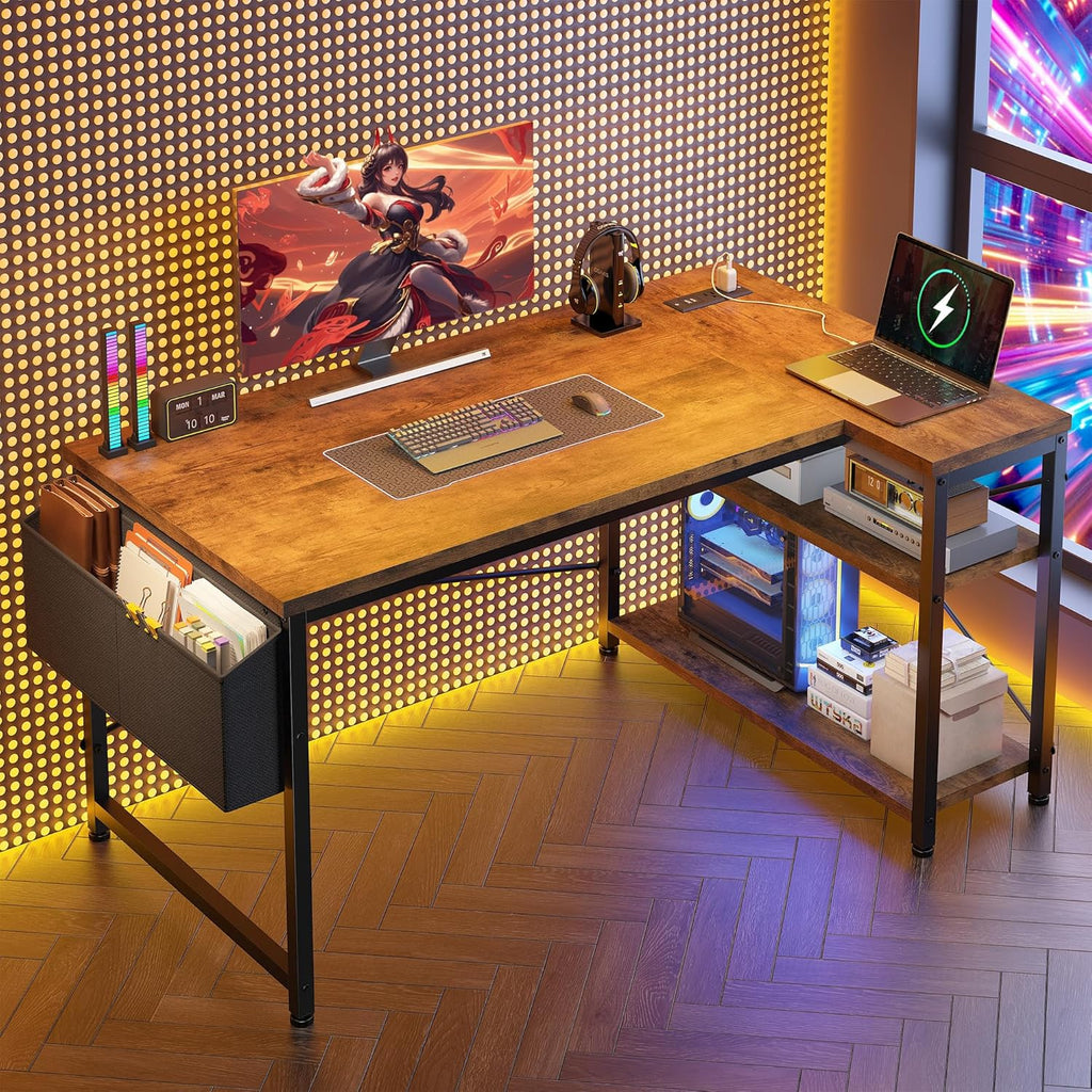 🖥️ PowerCore 48" L-Shaped Gaming Desk – Reversible Rustic Computer Desk with USB & AC Outlets, Storage Shelves & Side Bag | Home Office Setup for Gamers & Creators