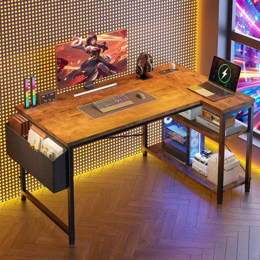 🖥️ PowerCore 48" L-Shaped Gaming Desk – Reversible Rustic Computer Desk with USB & AC Outlets, Storage Shelves & Side Bag | Home Office Setup for Gamers & Creators